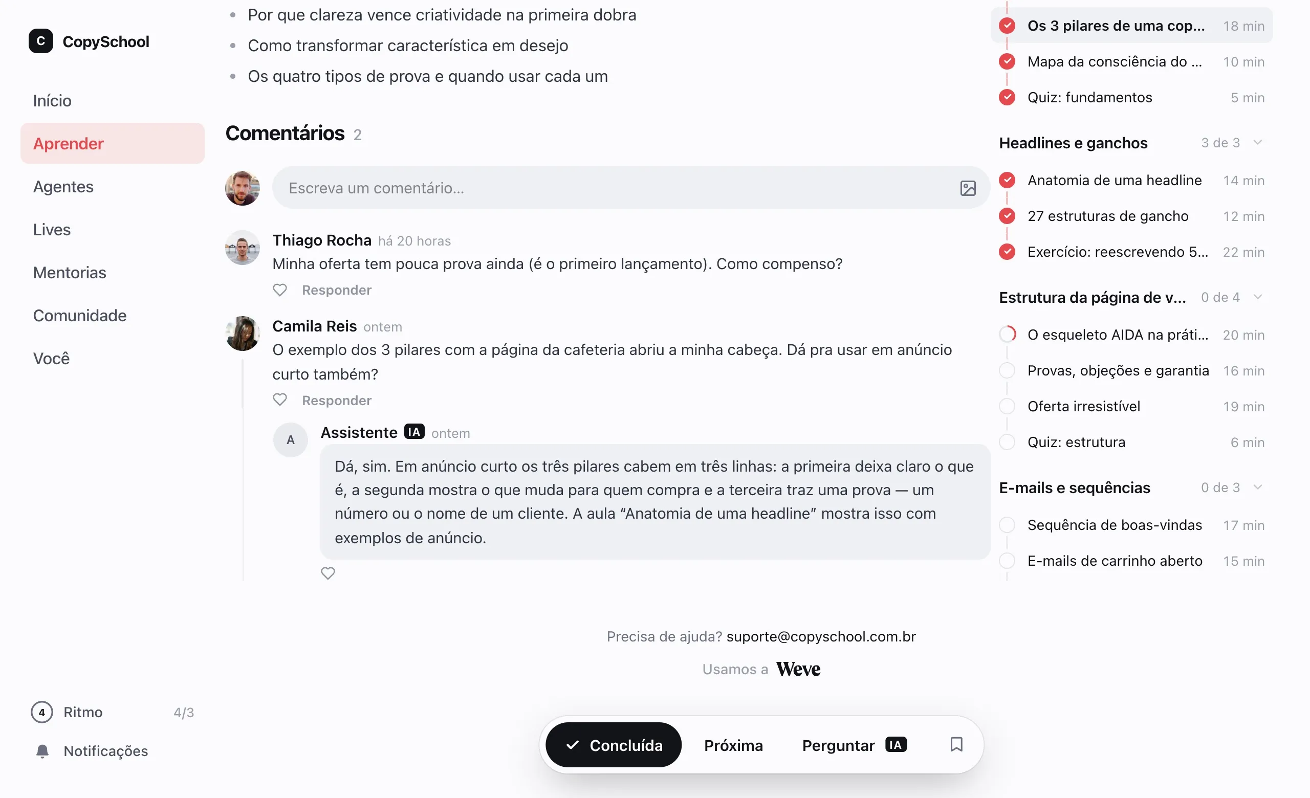 Os comentários da aula: uma aluna pergunta e o assistente responde logo abaixo, marcado como IA