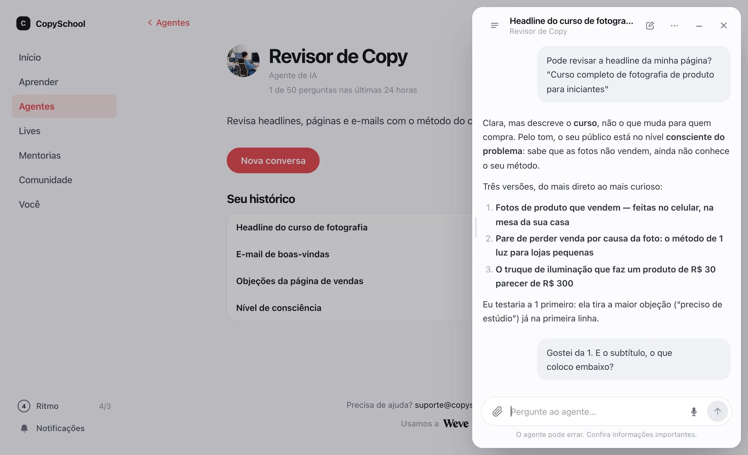 O aluno conversando com o agente: a headline revisada em três versões, com o método do curso