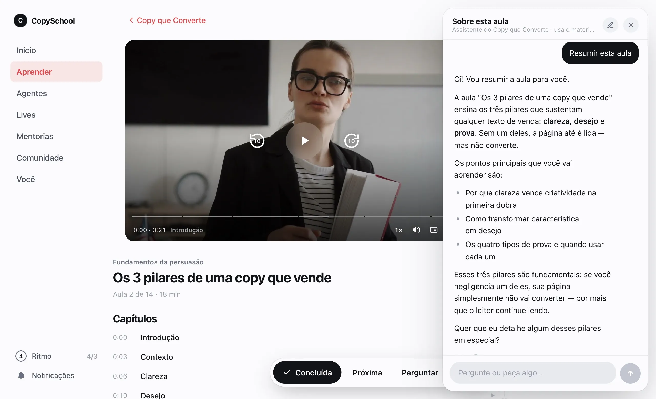 O Perguntar aberto na aula: o aluno pede o resumo e o assistente responde com os pontos da aula