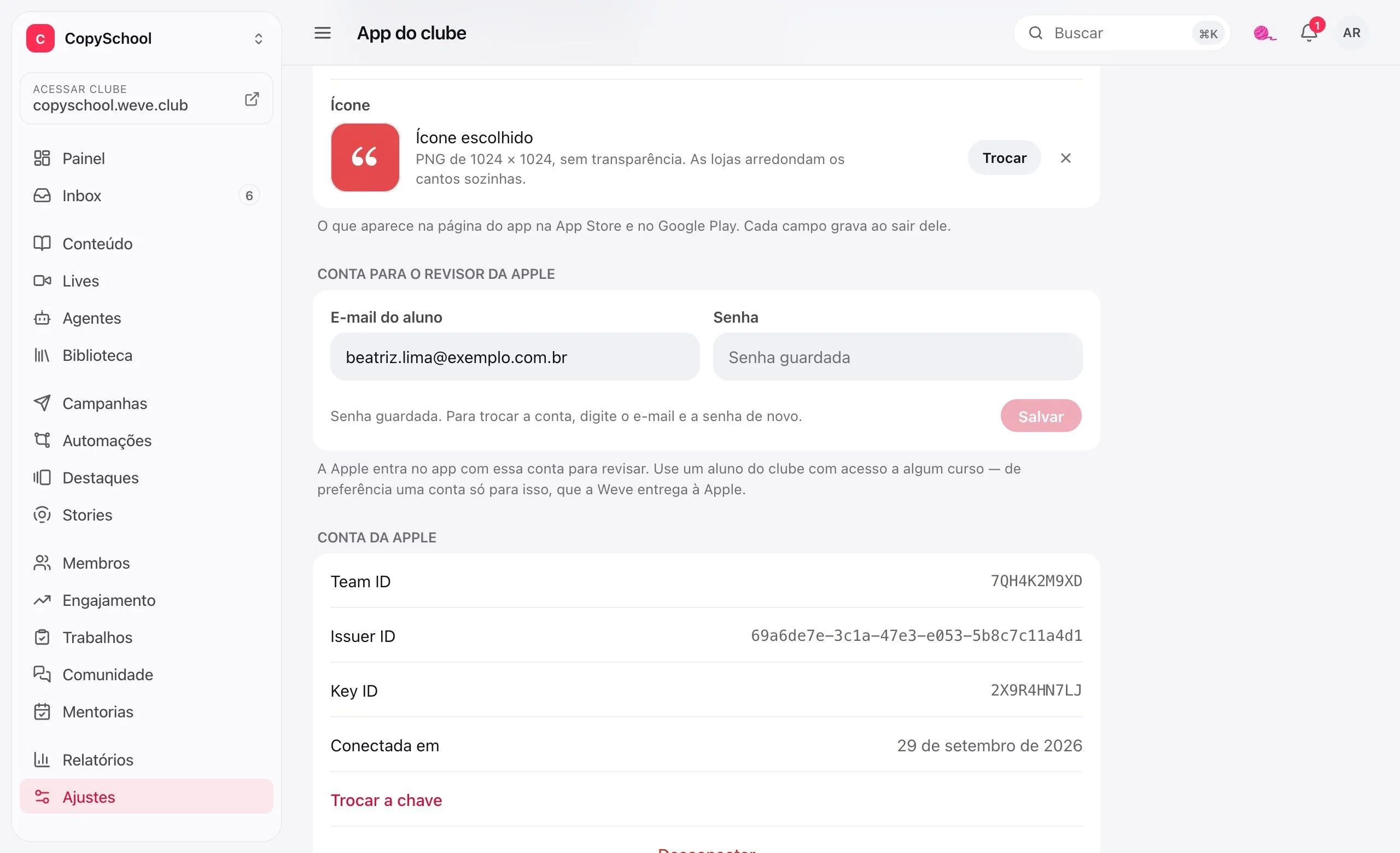 O ícone escolhido, a conta do revisor da Apple e a conta da Apple conectada, com o Team ID e a data da conexão