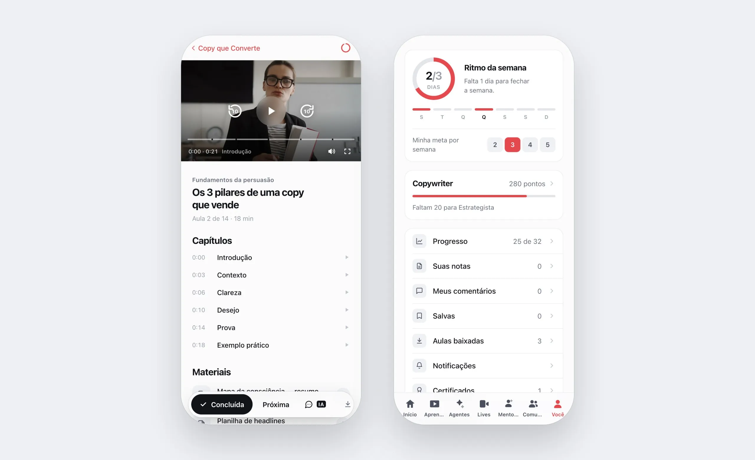 Uma aula no app do clube com o botão de baixar e, ao lado, a tela Você com três aulas baixadas