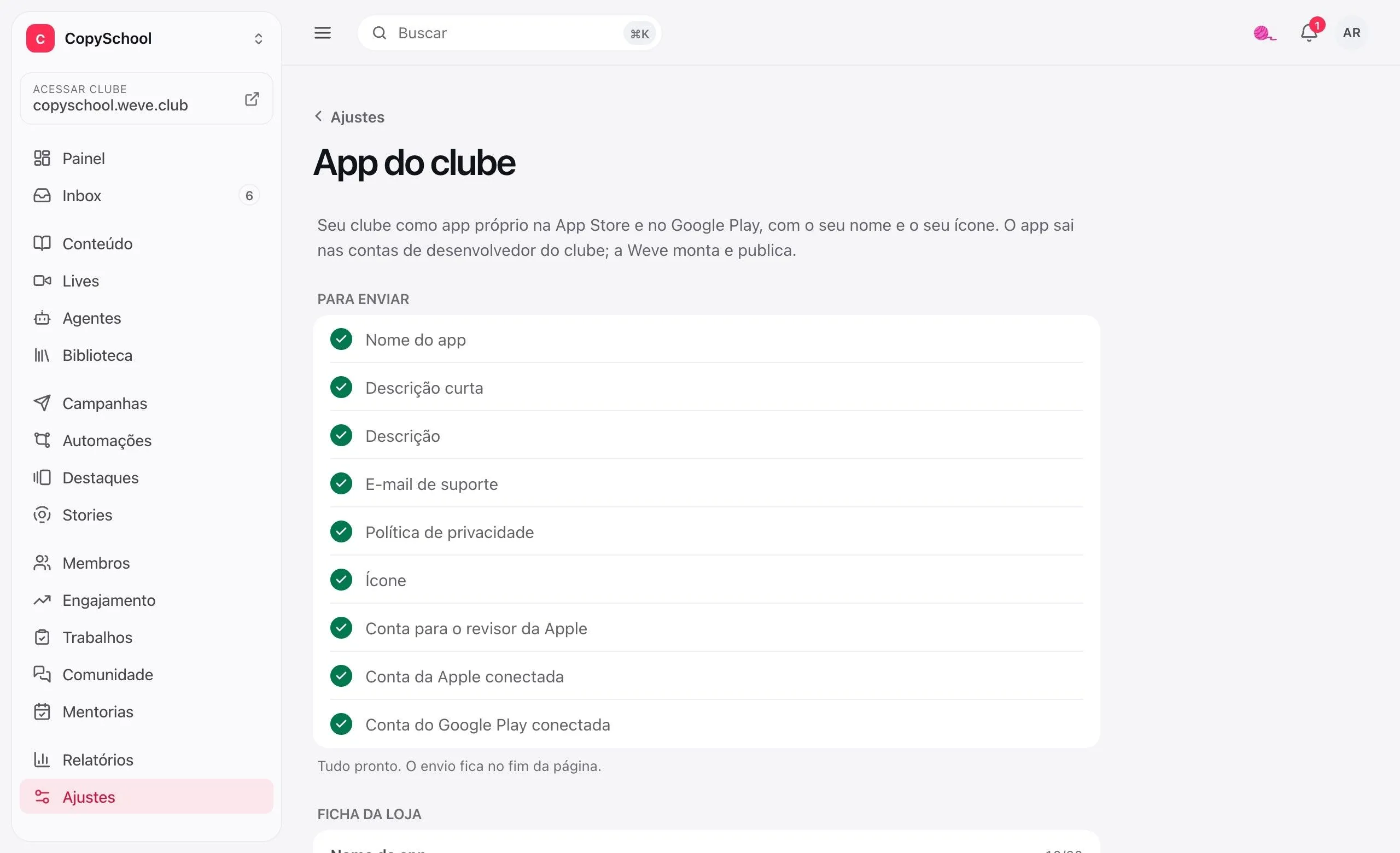 A tela App do clube no painel: a lista do que o pedido precisa, com os nove itens prontos