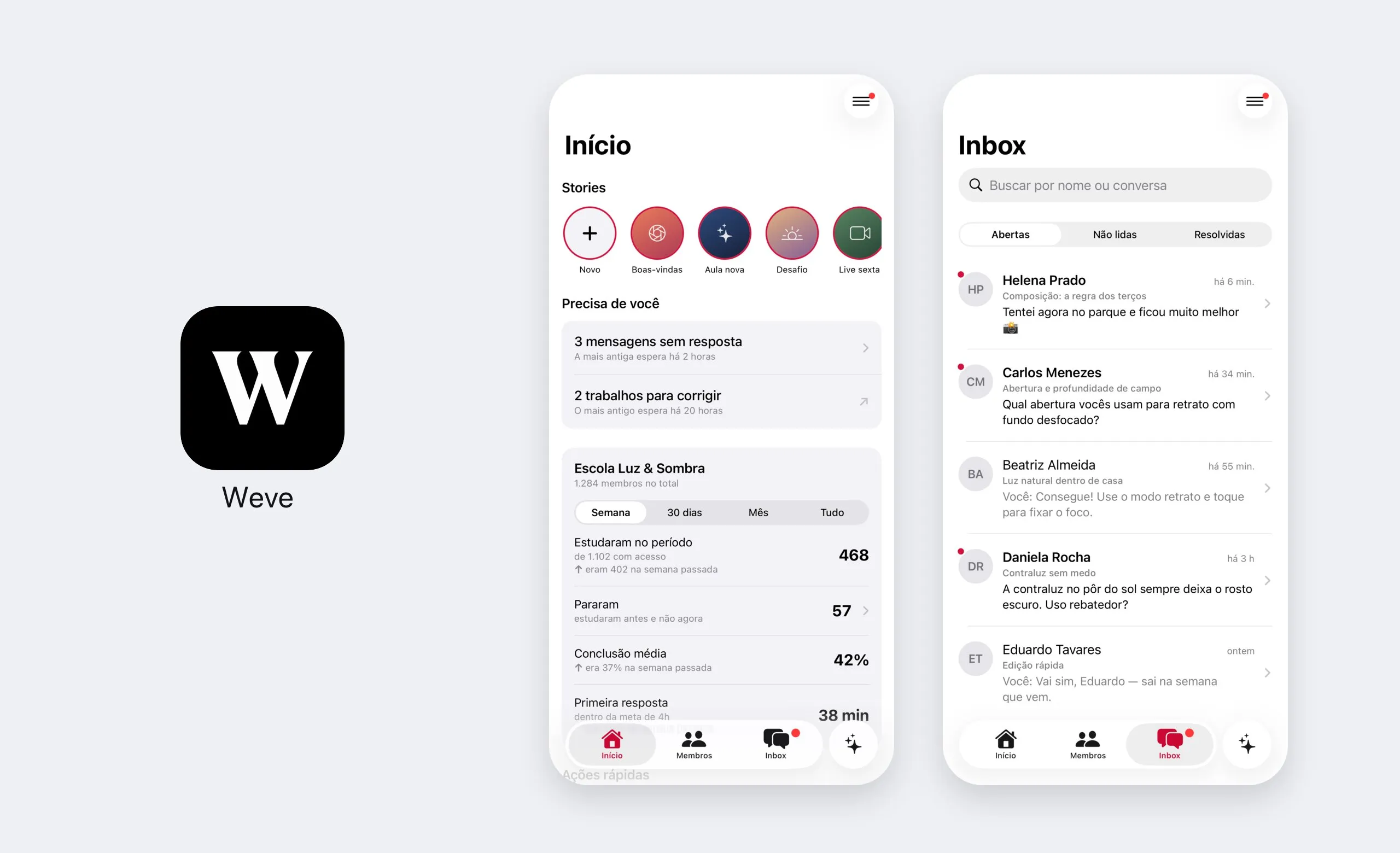 O ícone do app da Weve ao lado de dois telefones: o Início, com os stories e o que precisa de você, e o Inbox