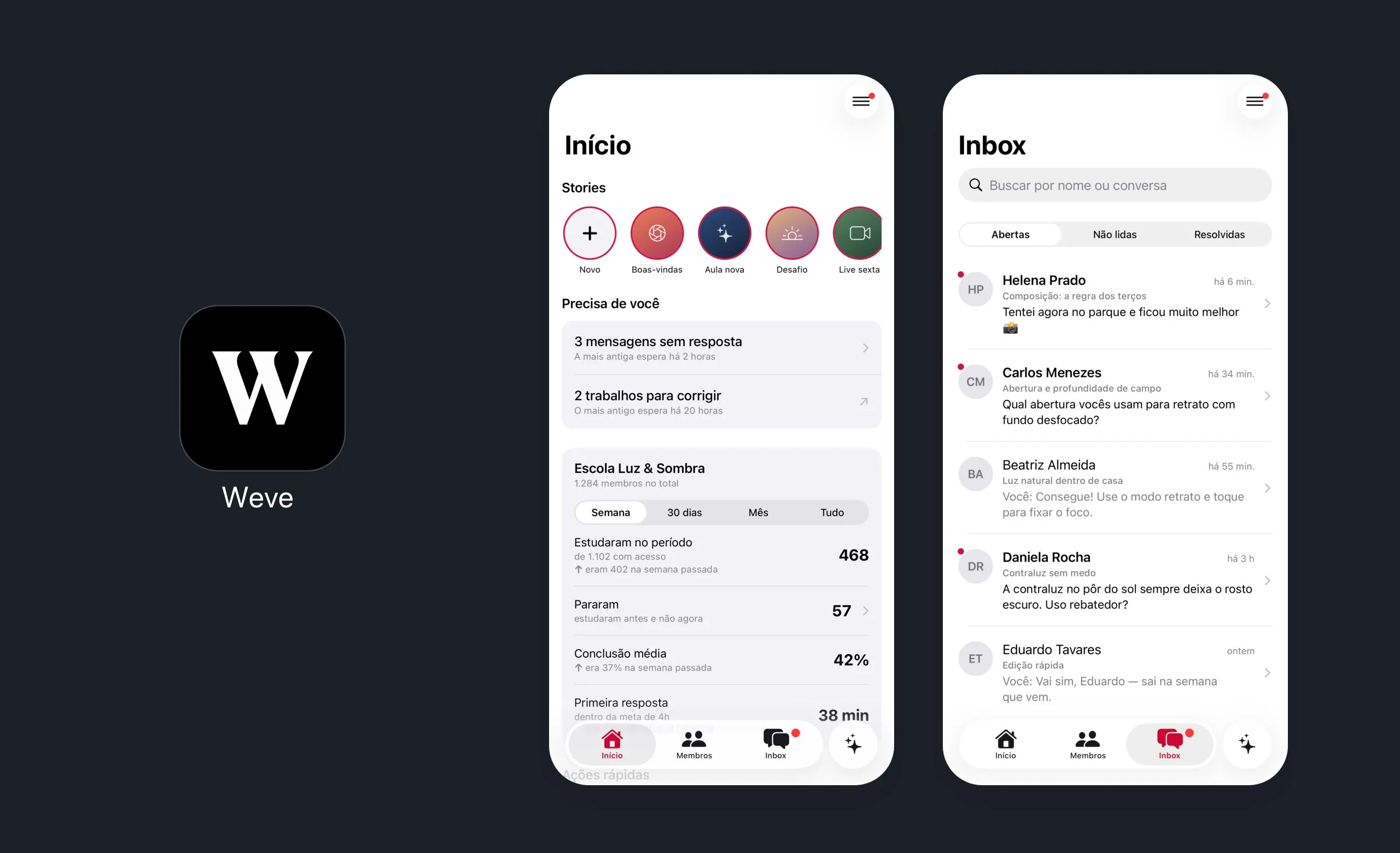 O ícone do app da Weve ao lado de dois telefones: o Início, com o que precisa de você, e o Inbox