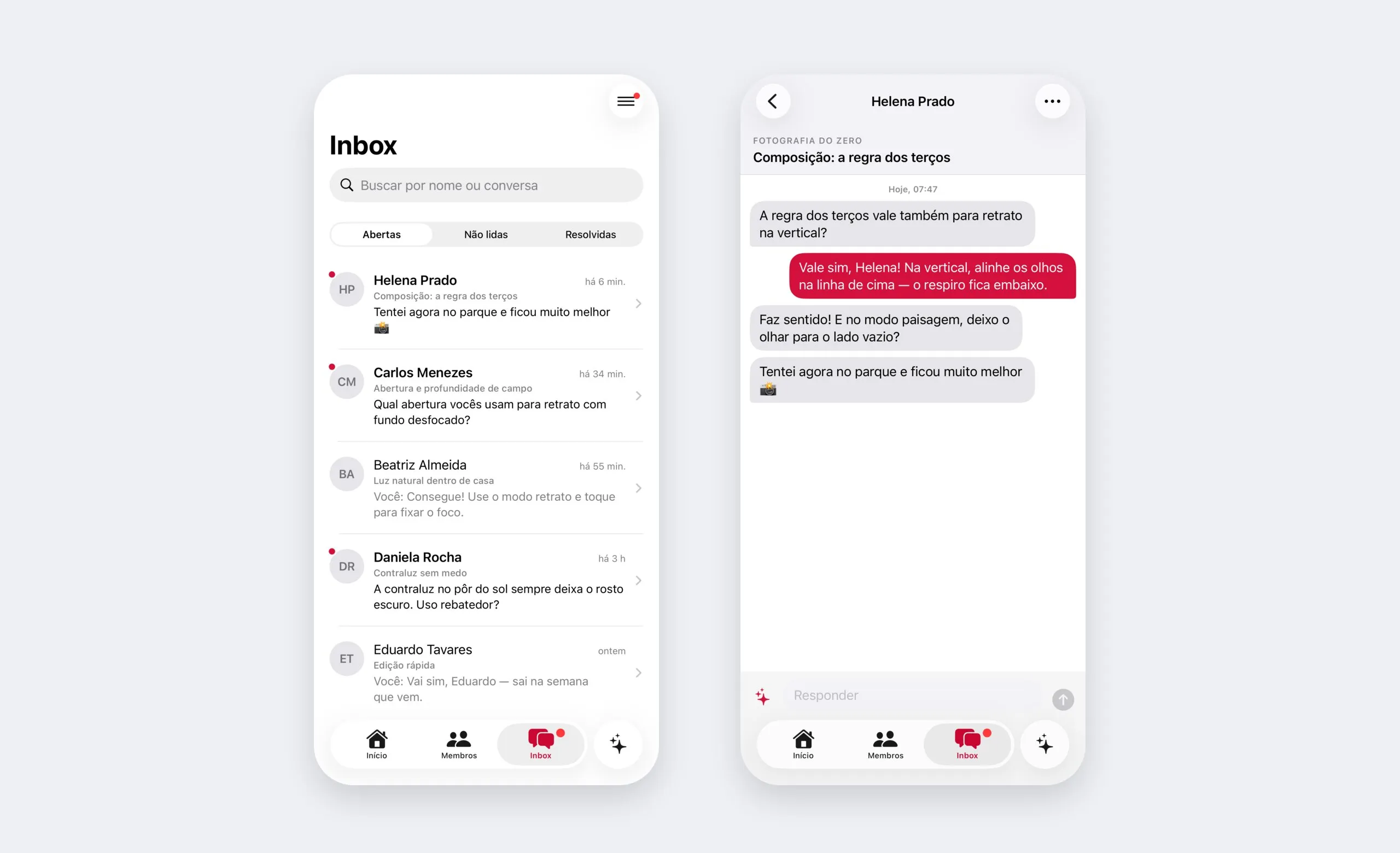O Inbox do app com as conversas abertas e, ao lado, a conversa com uma aluna sobre a regra dos terços