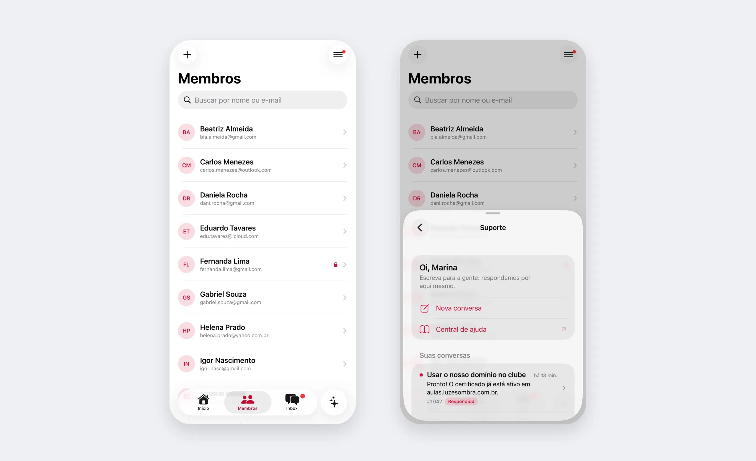 A lista de membros do app e, ao lado, o Suporte da Weve com as conversas e a central de ajuda