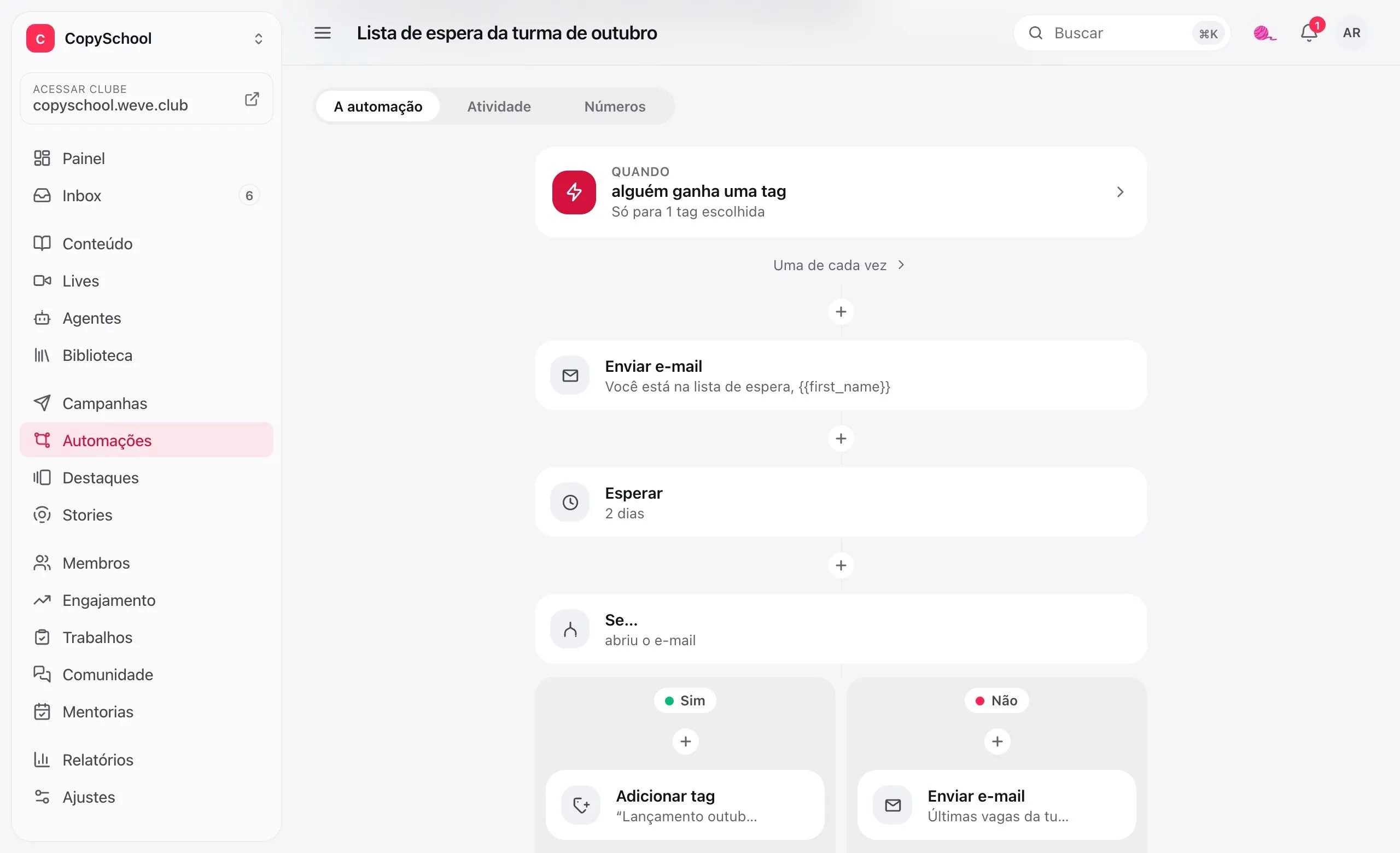 Uma automação: quando alguém ganha uma tag, um e-mail, a espera de 2 dias e a condição com os ramos Sim e Não