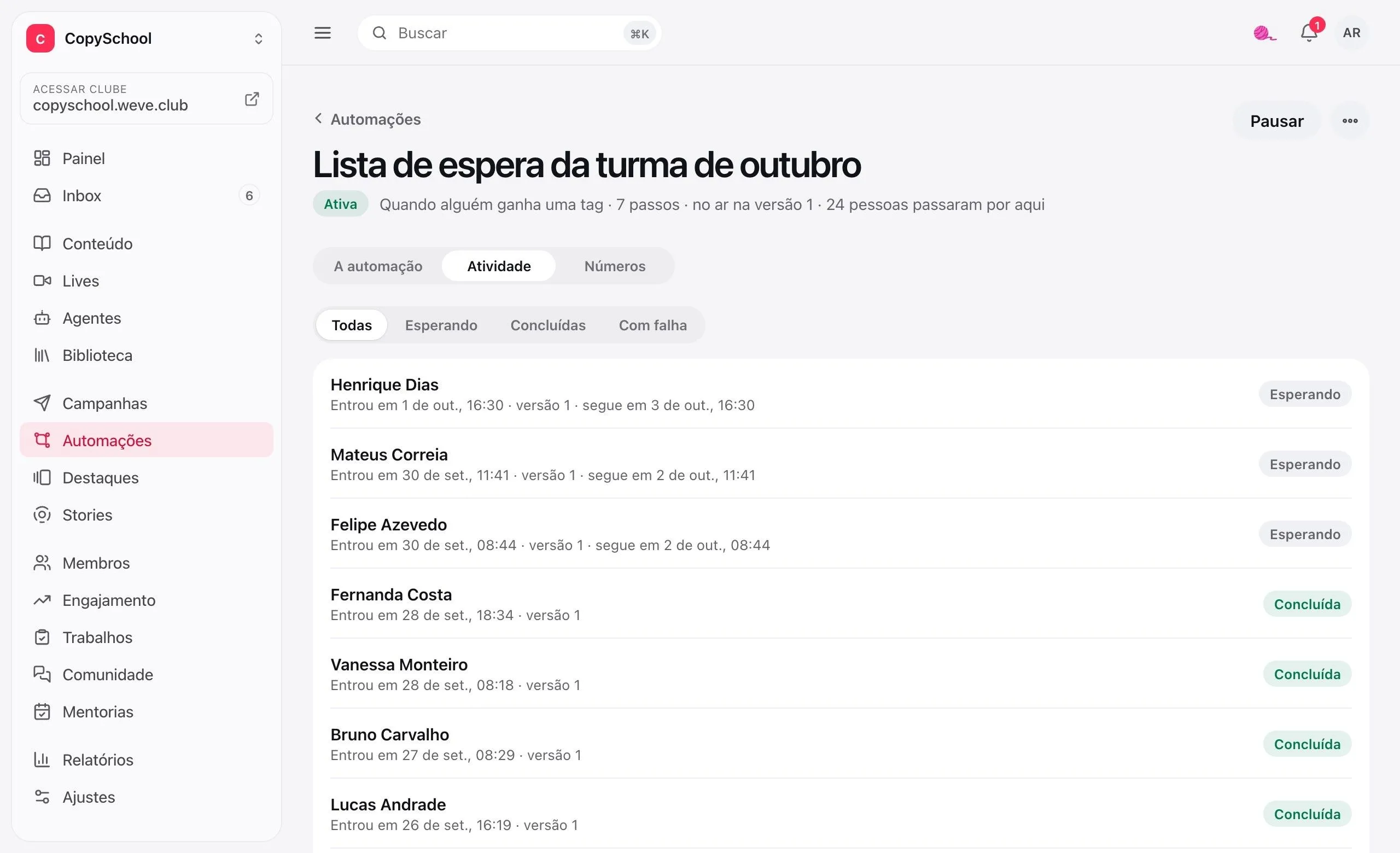 A atividade de uma automação: cada pessoa que entrou, quando entrou, as que esperam o próximo passo e as que já concluíram