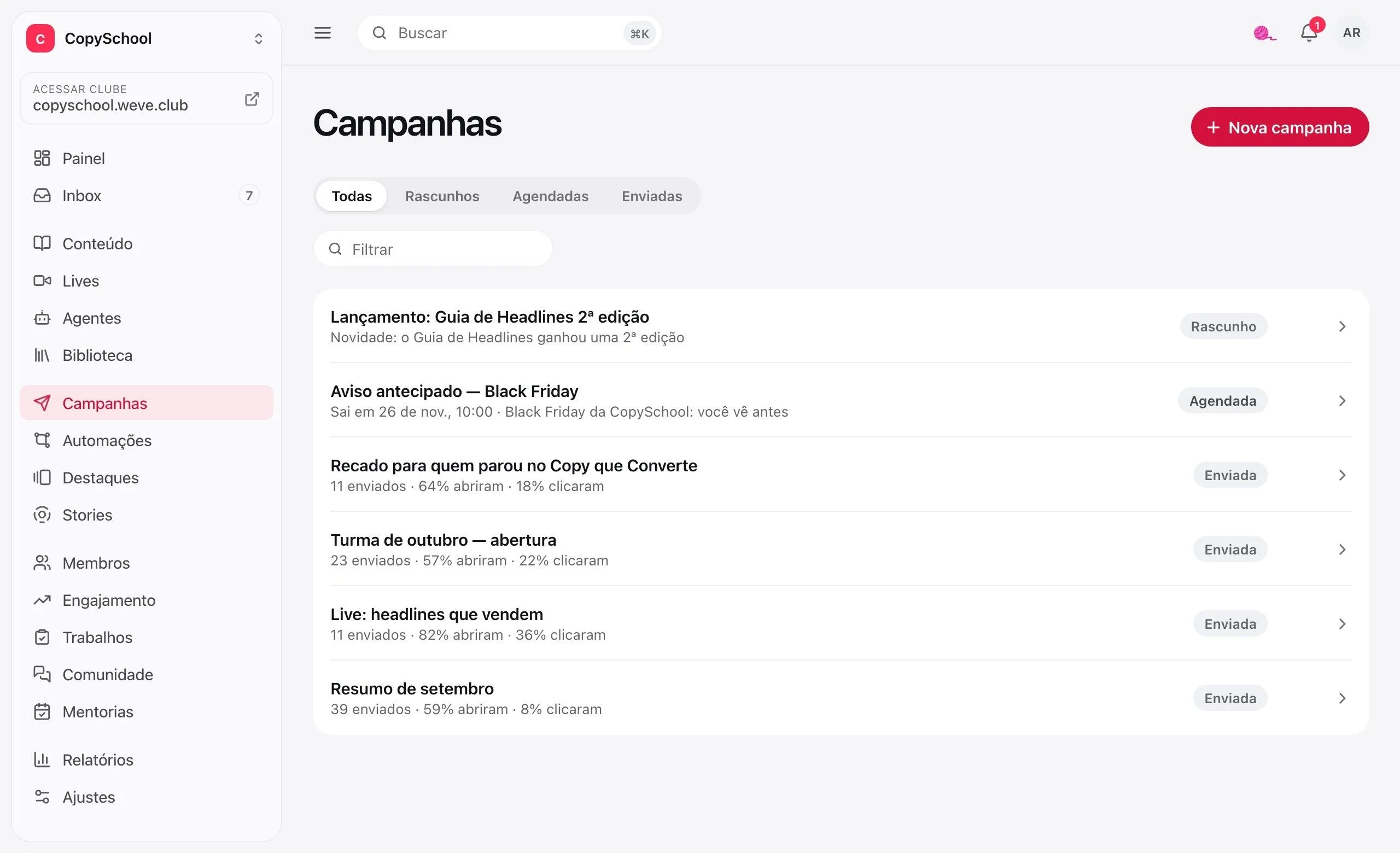 A lista de campanhas no painel: um rascunho, uma agendada para novembro e as enviadas com a taxa de abertura e de clique