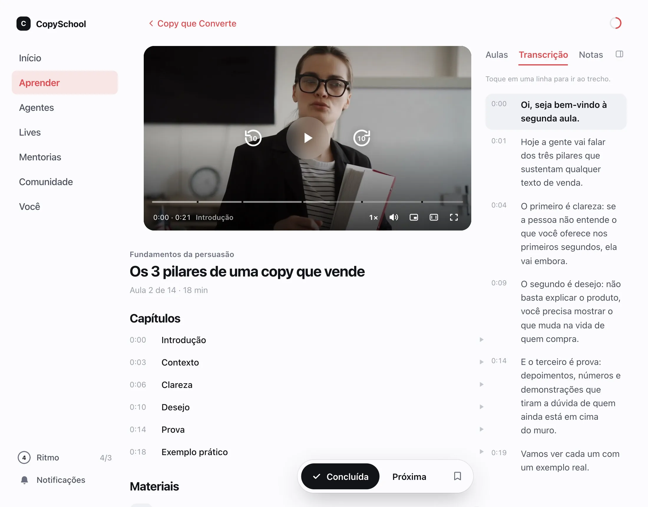 A aula com a transcrição ao lado do vídeo, trecho a trecho com o tempo