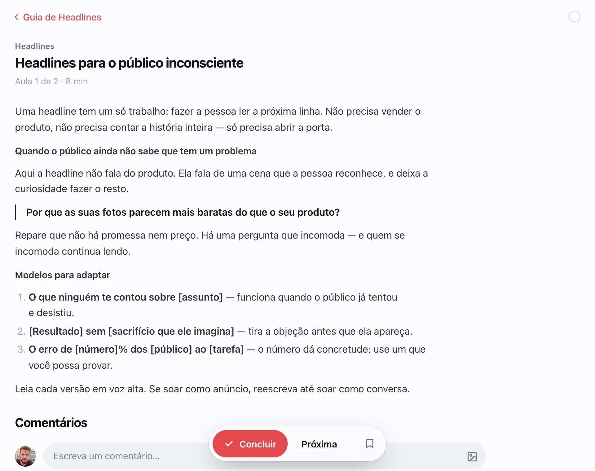 Uma aula em texto do ebook: título, parágrafos curtos e a lista de modelos