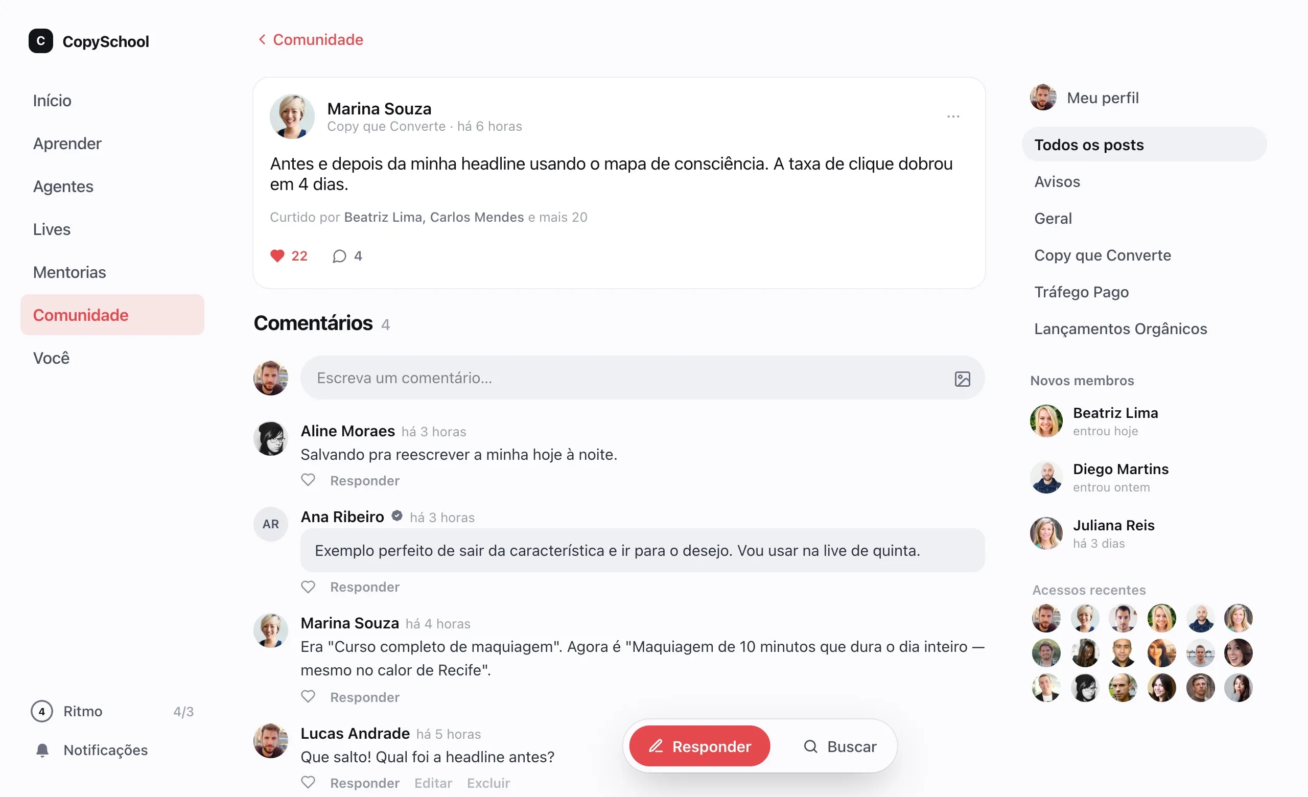 Um post da comunidade com os comentários da turma e os grupos ao lado