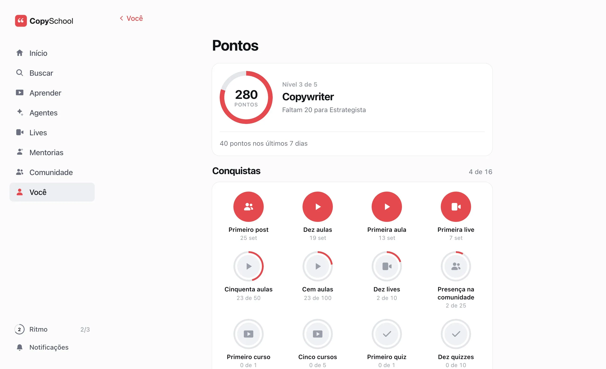A tela Pontos do aluno: 280 pontos no nível Copywriter, faltando 20 para Estrategista, e as conquistas Primeiro post, Dez aulas, Primeira aula e Primeira live