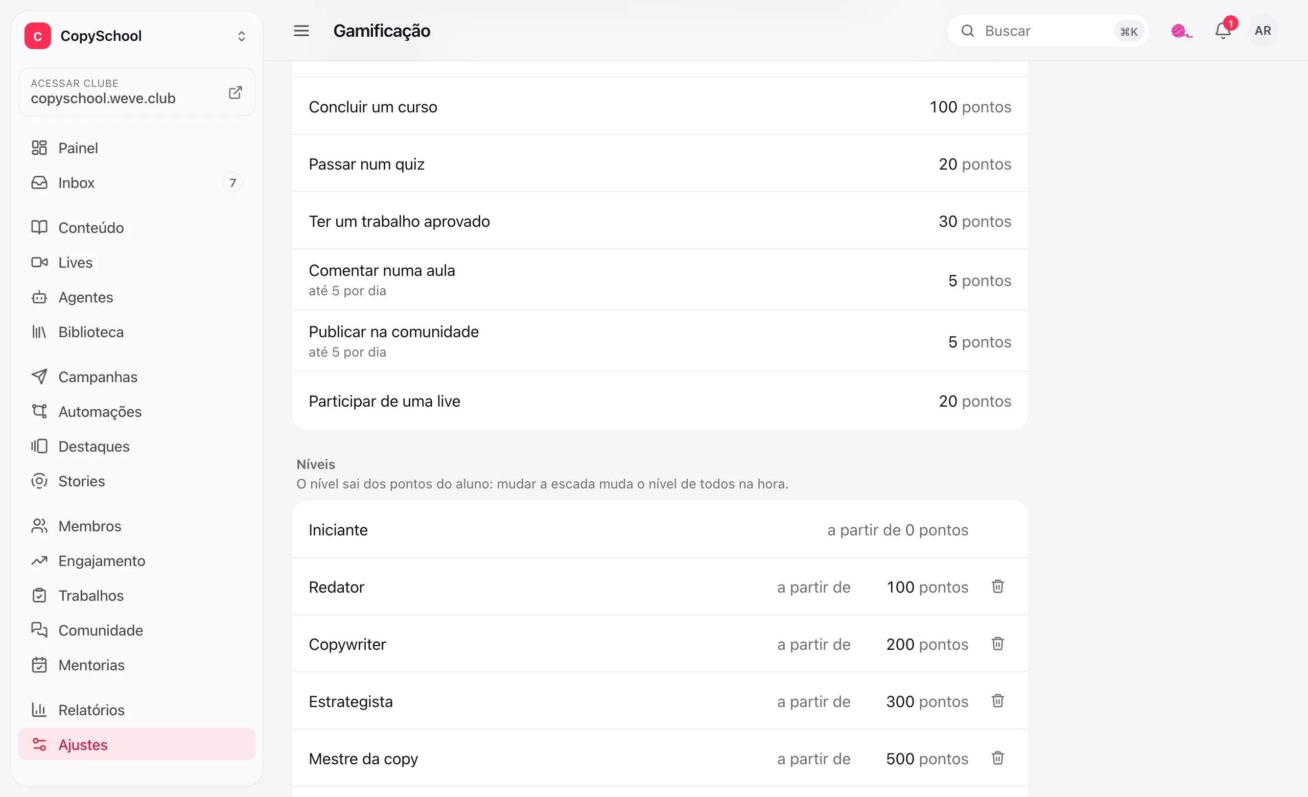 Ajustes de gamificação no painel: quanto vale cada ação, de 10 pontos por aula a 100 por curso, e os níveis Iniciante, Redator, Copywriter, Estrategista e Mestre da copy