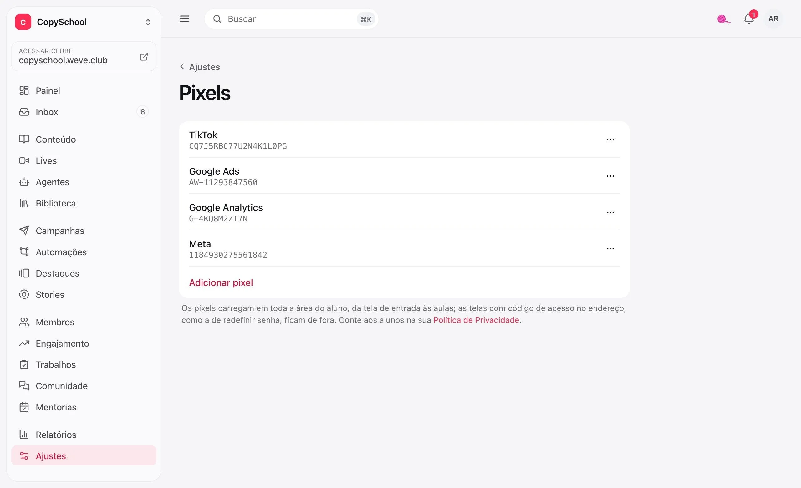 Os pixels do clube: TikTok, Google Ads, Google Analytics e Meta, cada um com o seu ID