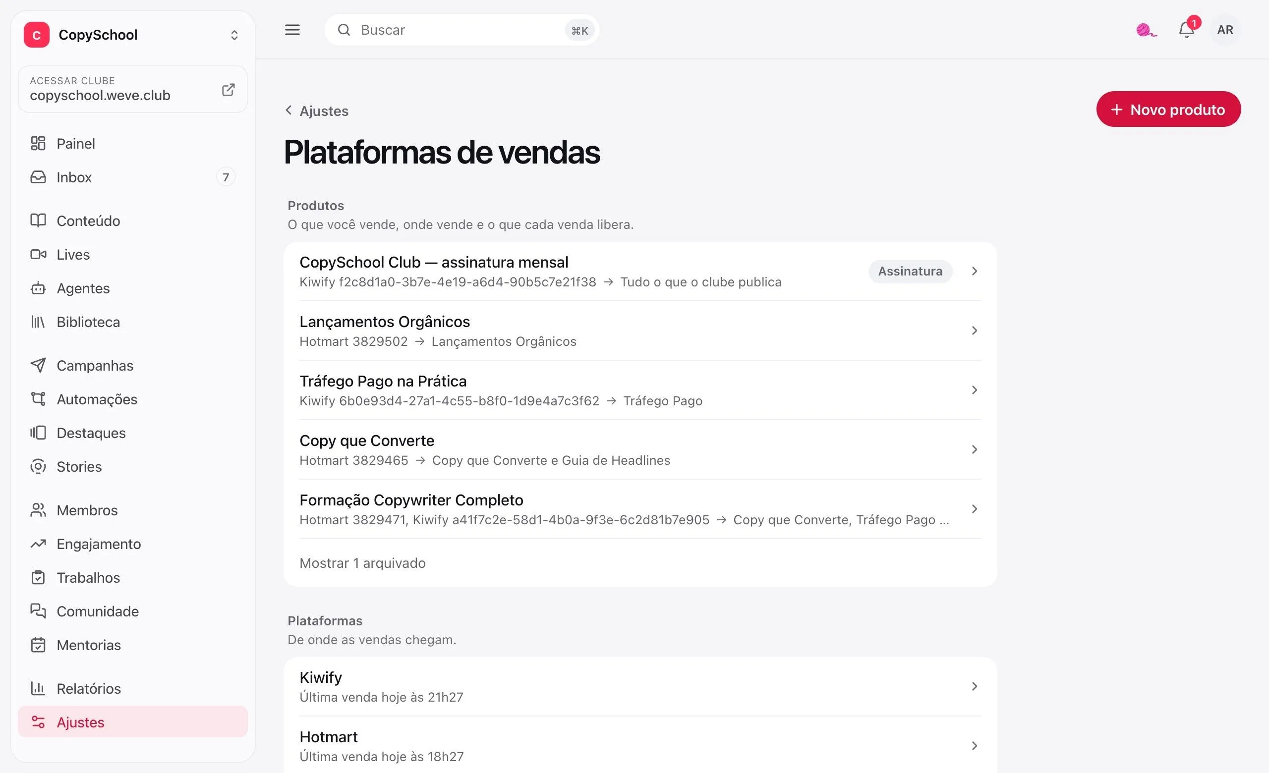 As plataformas de vendas do clube: os produtos, o que cada um libera e a Hotmart e a Kiwify conectadas