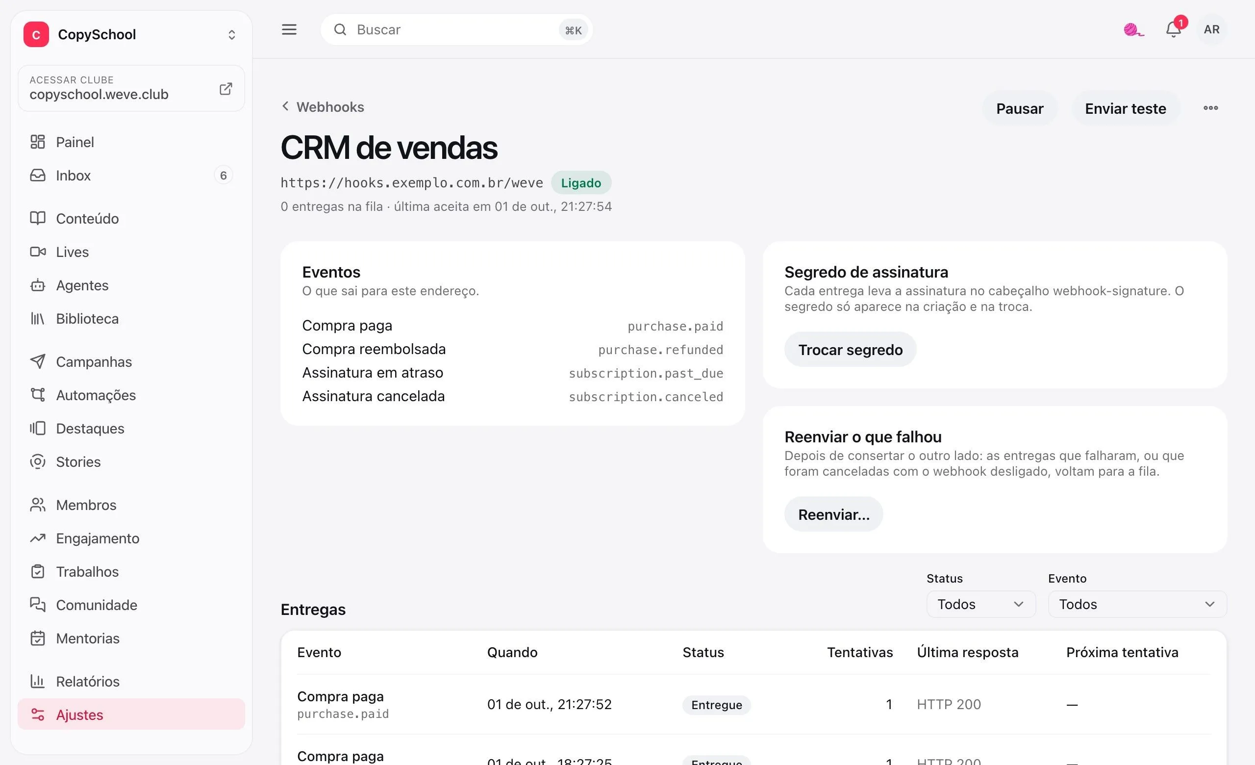Um webhook de saída para o CRM de vendas: os eventos de compra e de assinatura, o segredo de assinatura e as entregas com HTTP 200