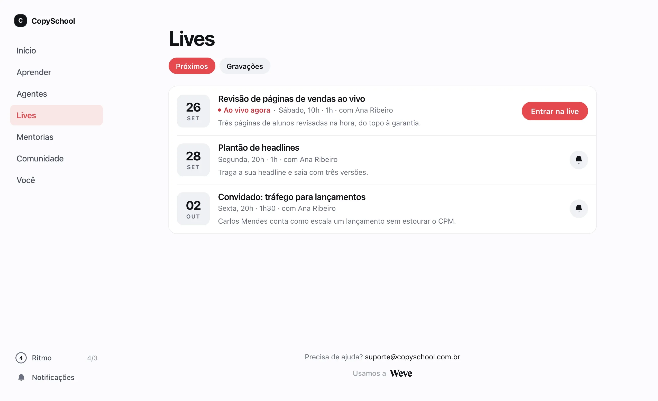 A agenda de lives do aluno: a que está ao vivo agora, com o botão de entrar, e as próximas com o lembrete