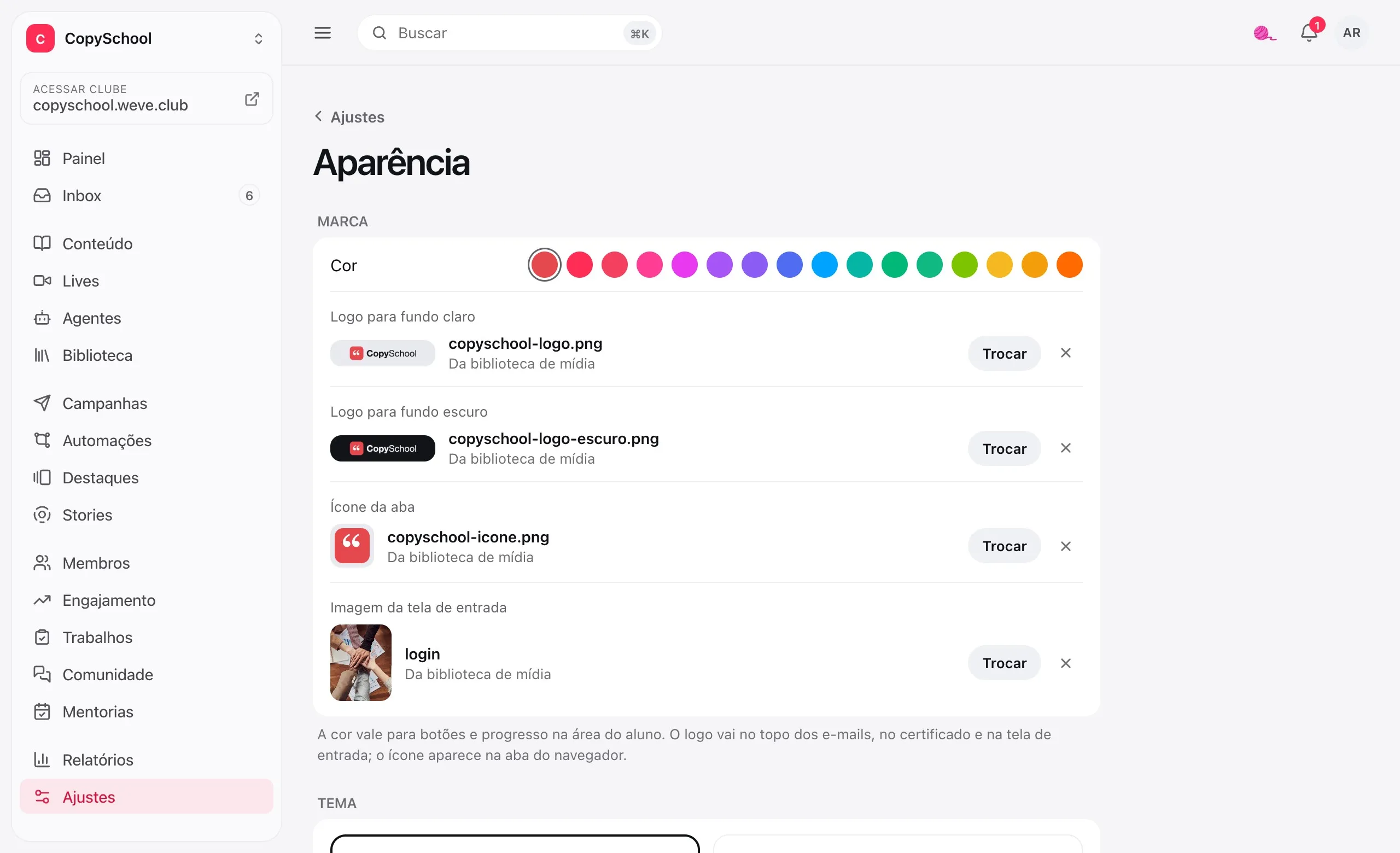 Ajustes, Aparência: a cor do clube, o logo para fundo claro e para fundo escuro, o ícone da aba e a imagem da tela de entrada