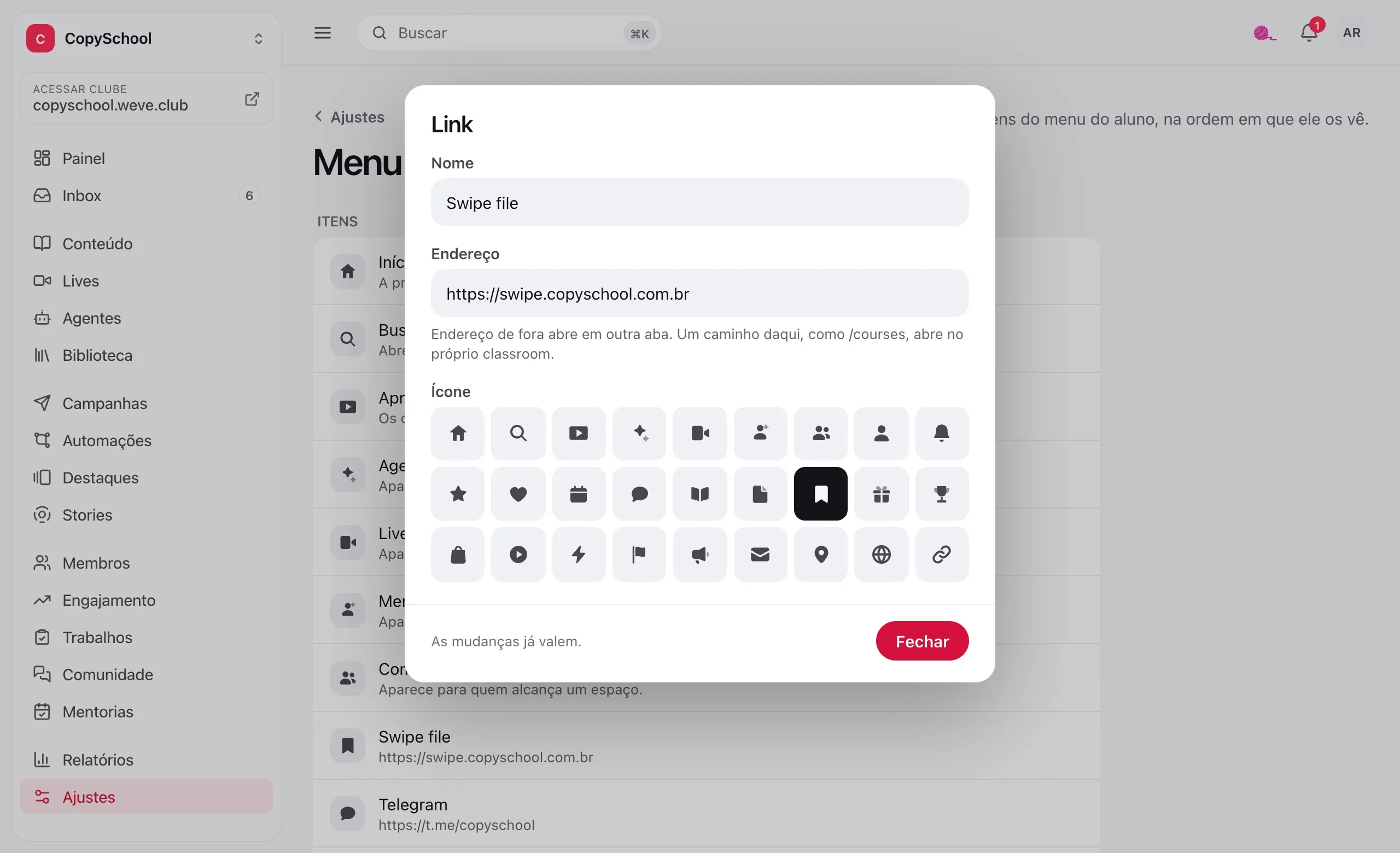 O editor do menu do clube: o link Swipe file aberto com o nome, o endereço e a grade de ícones, e o Telegram logo abaixo na lista