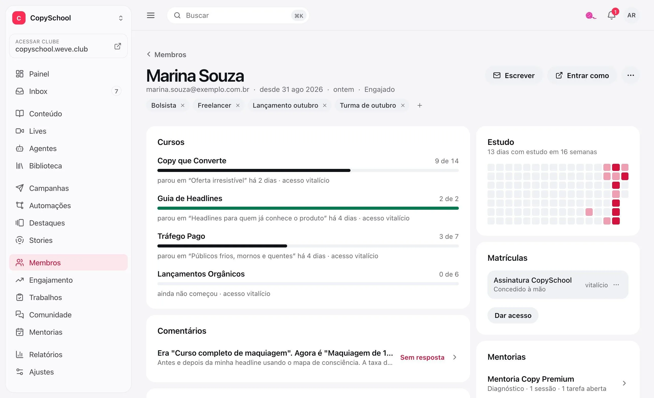 A página de uma aluna no painel: as tags, o progresso em cada curso com a aula em que parou, os dias de estudo e as matrículas