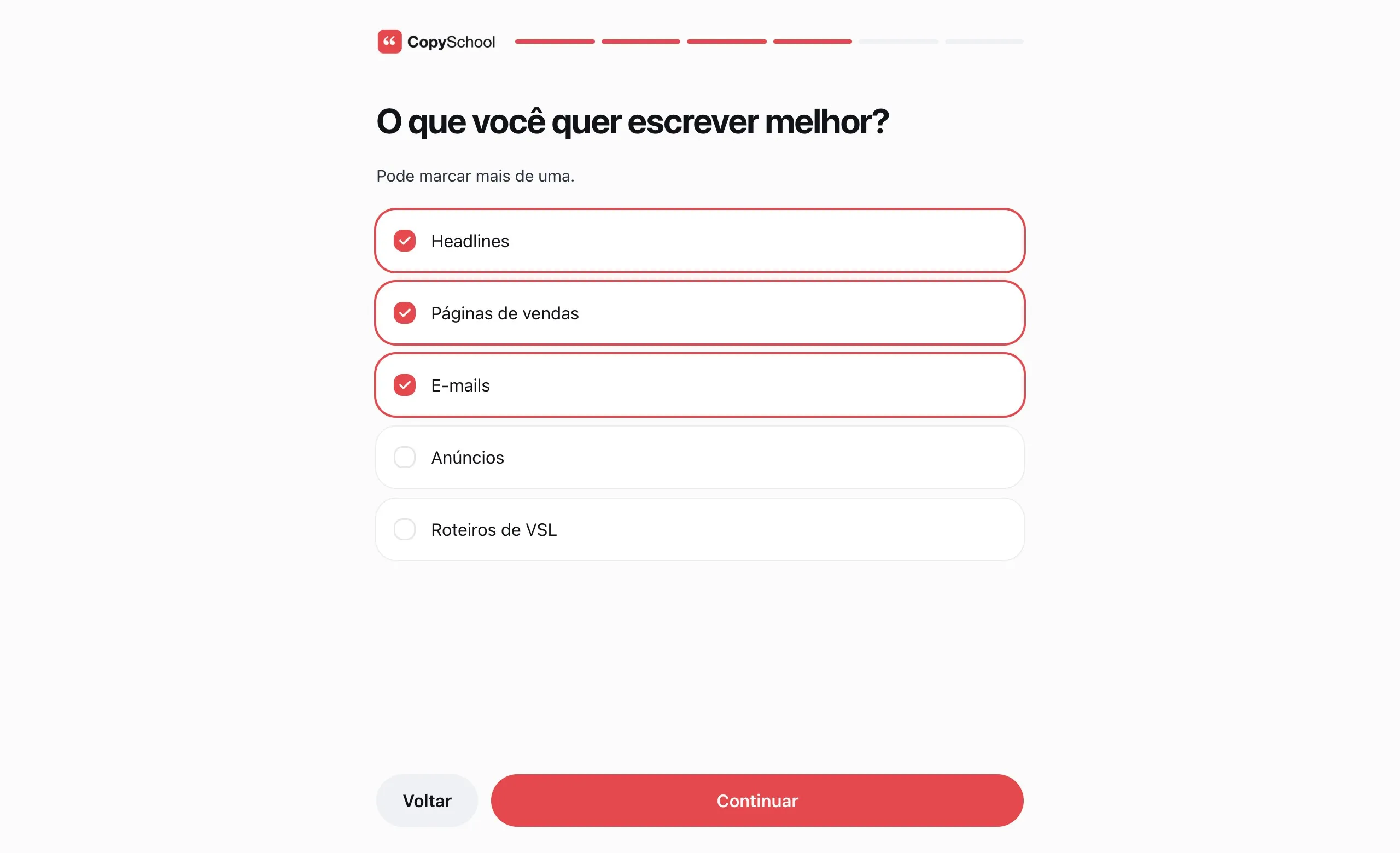 As boas-vindas na área do aluno: a pergunta O que você quer escrever melhor, com Headlines, Páginas de vendas e E-mails marcados