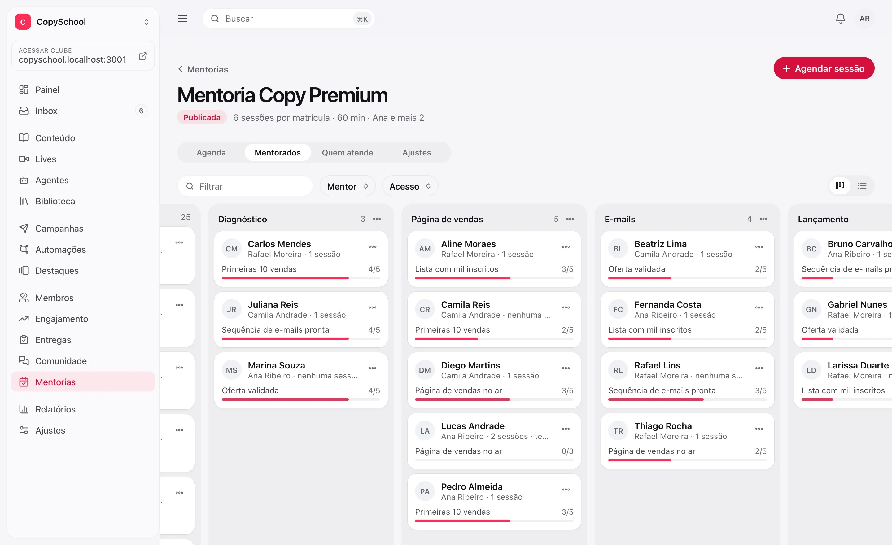 O quadro de mentorados no painel: cada um na sua etapa, com o mentor, as sessões e a meta em andamento