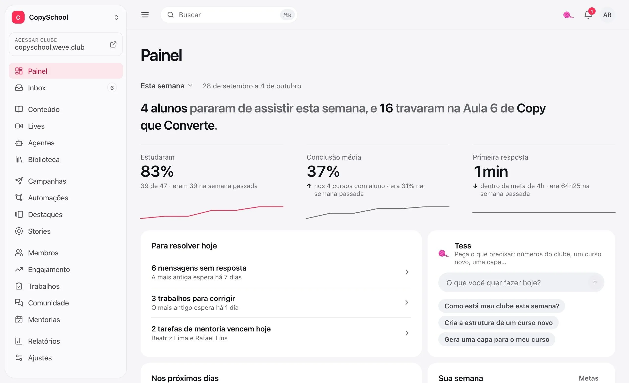 O Painel do clube: a frase da semana, quanto da turma estudou, a conclusão média, a primeira resposta e a lista Para resolver hoje