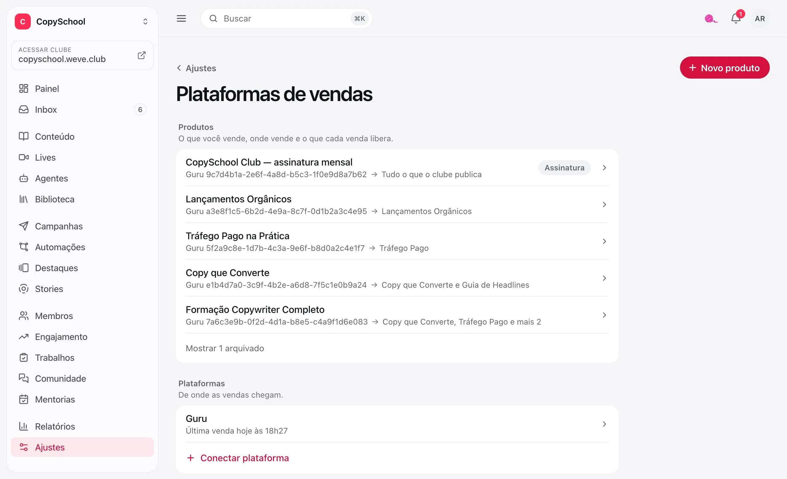 As plataformas de vendas do clube no painel: os produtos vendidos na Guru, o que cada um libera e a Guru conectada