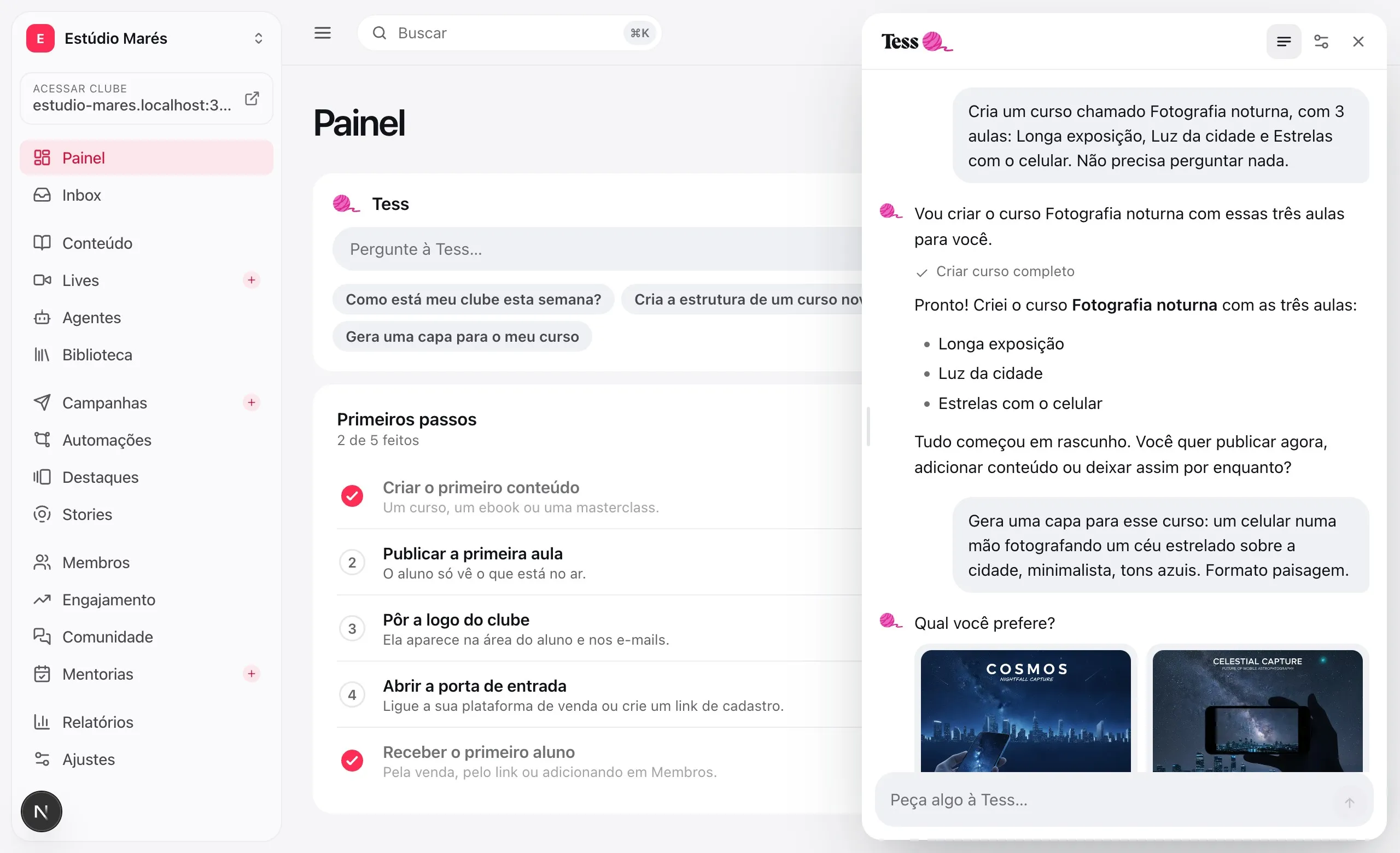 A Tess no painel: o pedido de criar um curso com três aulas e, embaixo, o curso criado com cada aula listada
