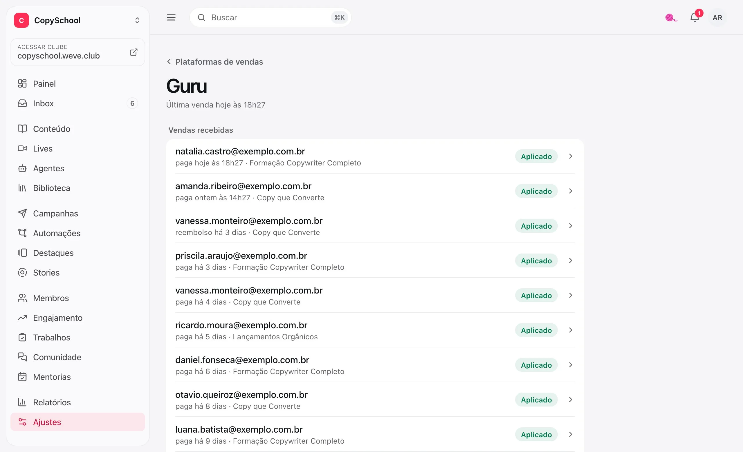 As vendas recebidas da Guru no painel: cada compra e cada reembolso, com o aluno e o que aconteceu