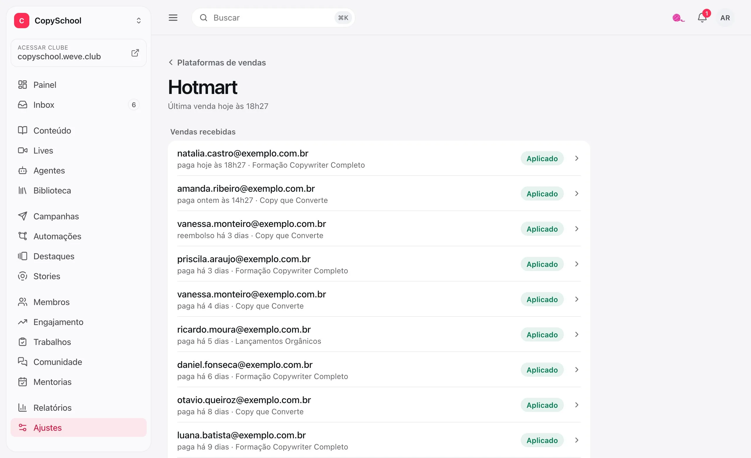 As vendas recebidas da Hotmart no painel: cada compra e cada reembolso, com o aluno e o que aconteceu