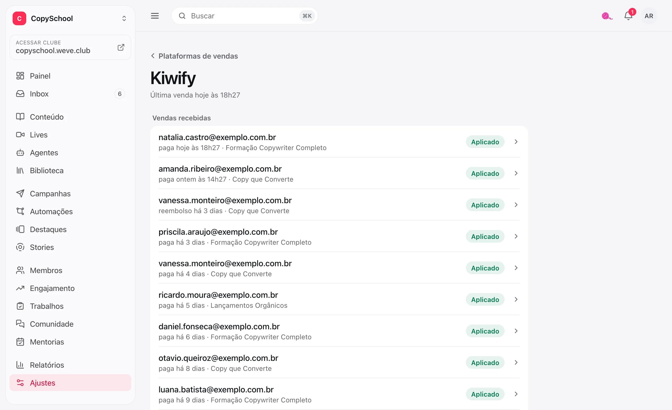 As vendas recebidas da Kiwify no painel: cada compra e cada reembolso, com o aluno e o que aconteceu
