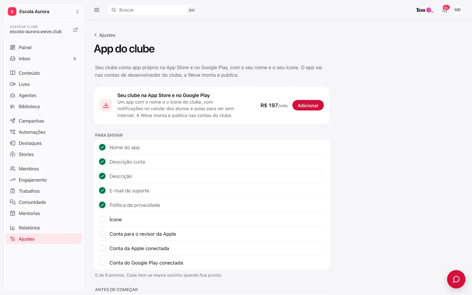 Tela App do clube com o convite do adicional App próprio, o preço de R$ 197 por mês e o botão Adicionar