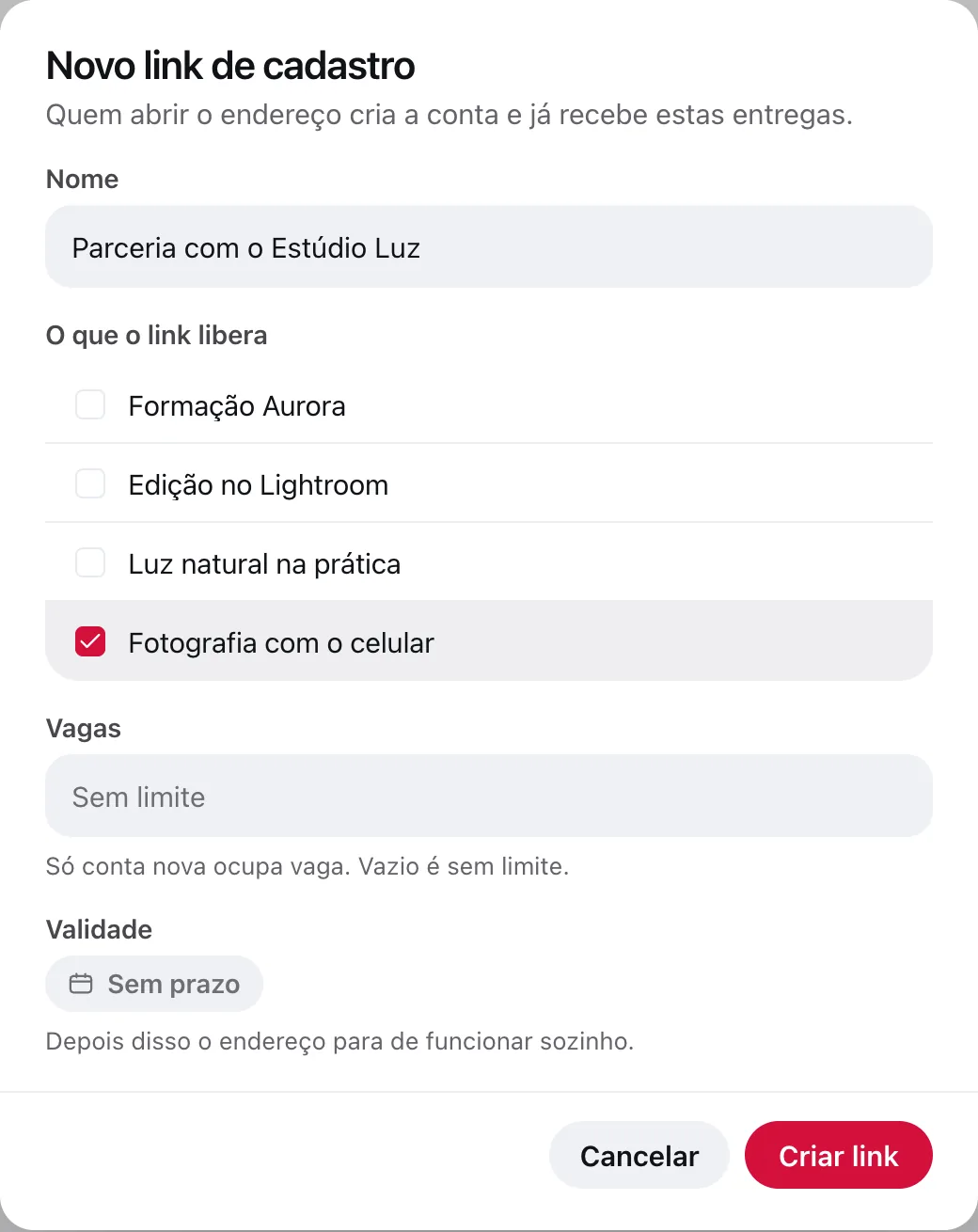 Diálogo Novo link de cadastro com nome, o que o link libera, vagas e validade