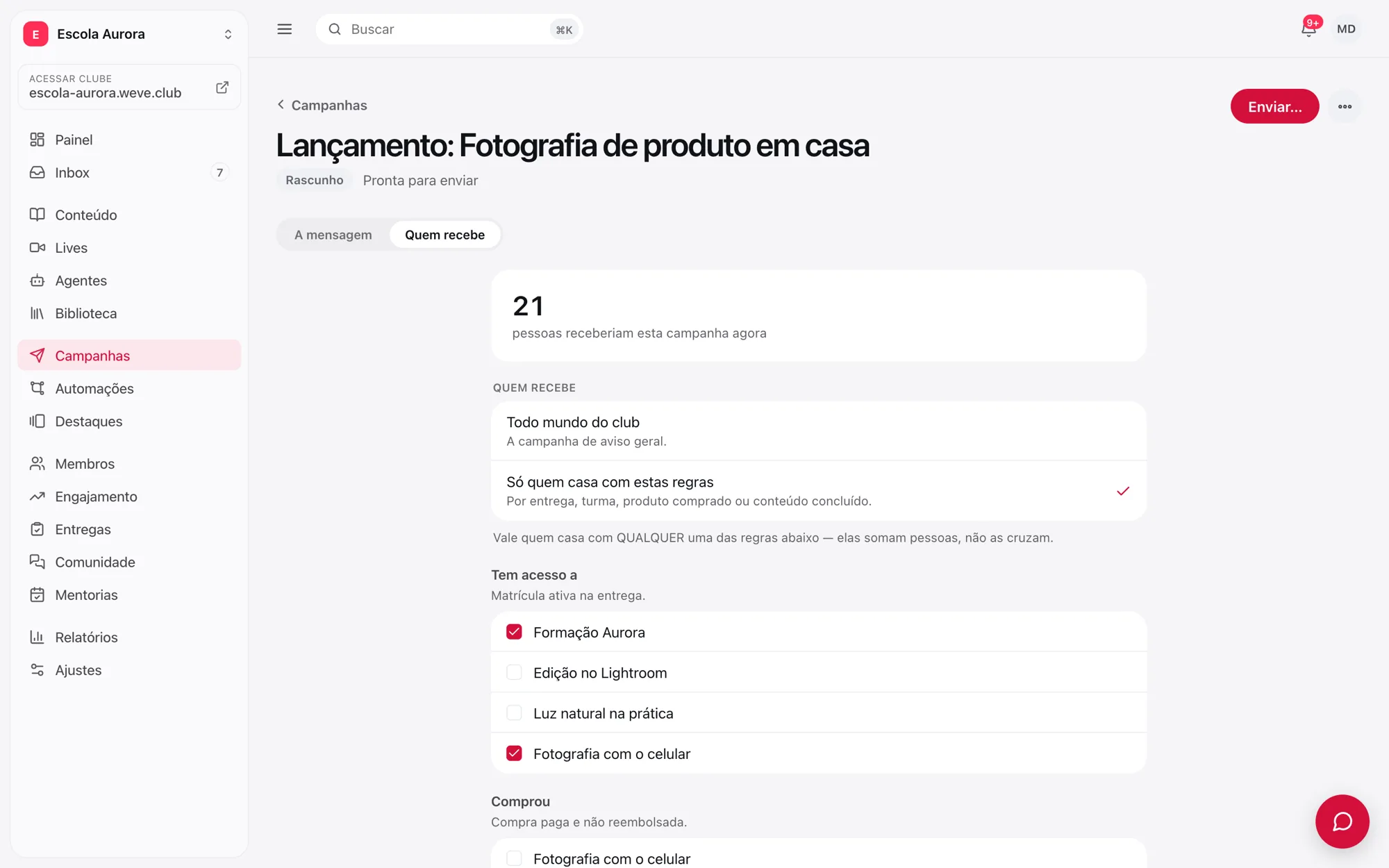 Aba Quem recebe, com a contagem de pessoas e as regras por entrega marcadas