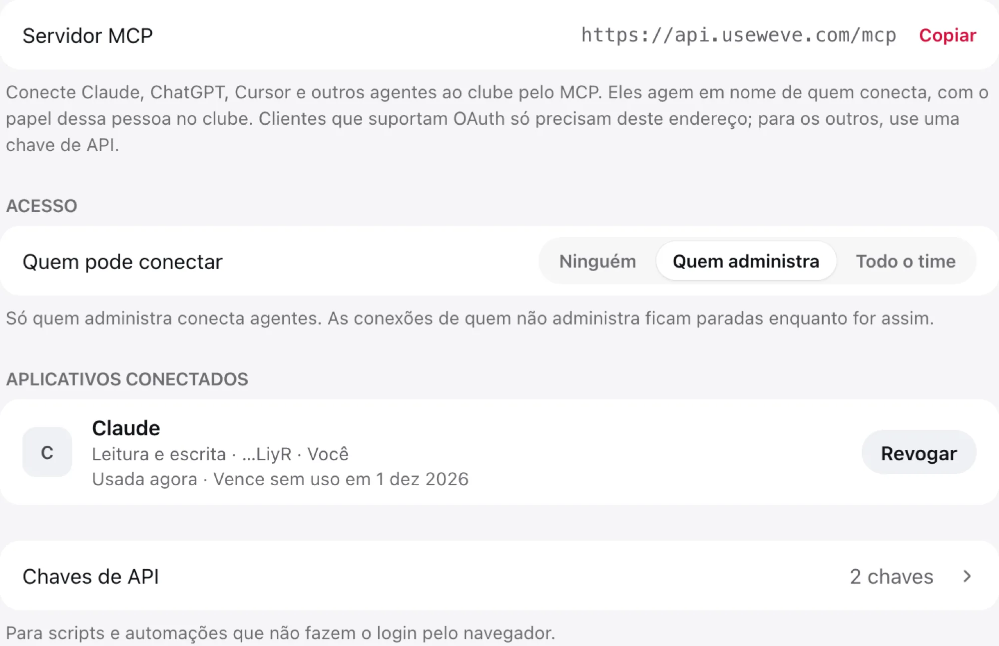 Tela Agentes de IA com o endereço do servidor MCP, quem pode conectar e os aplicativos conectados