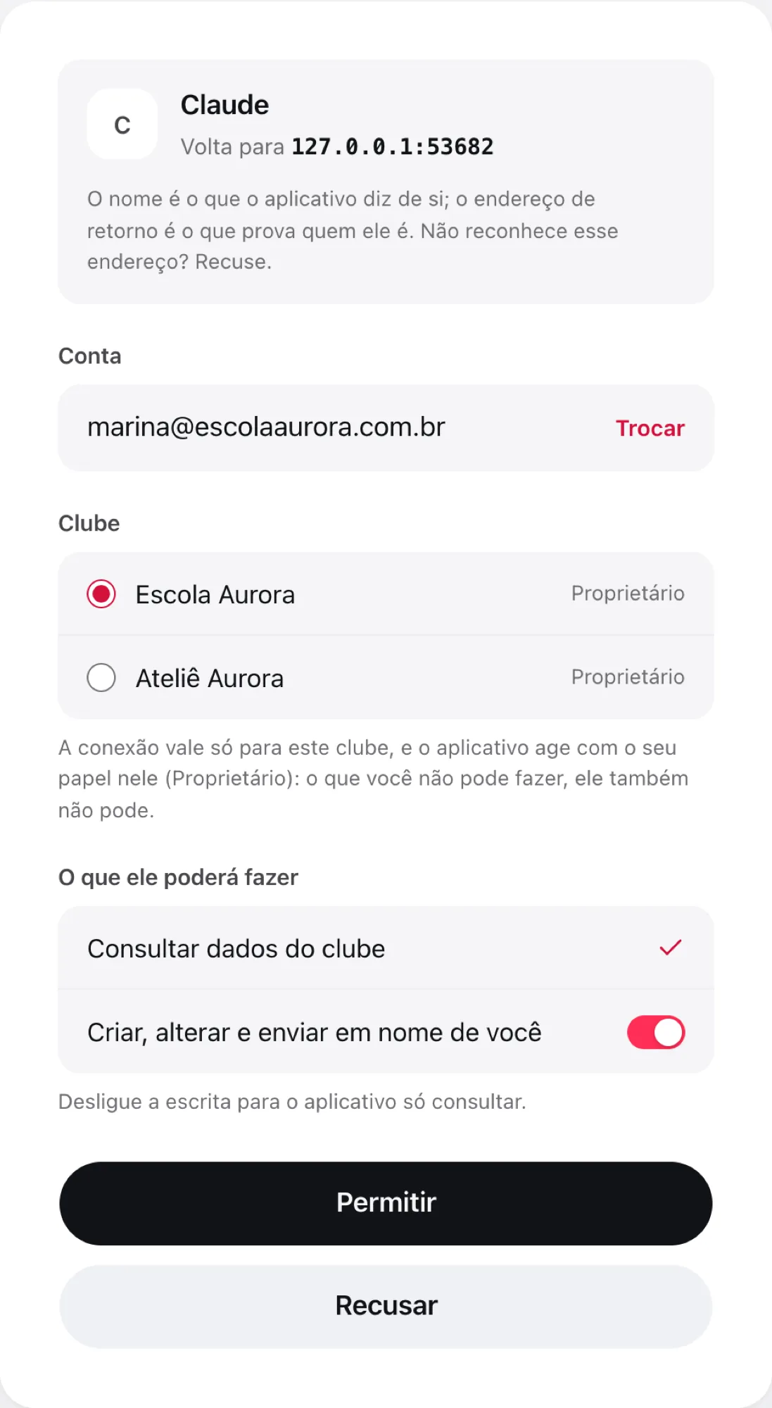 Tela Conectar aplicativo, com a conta, a escolha do clube e as permissões