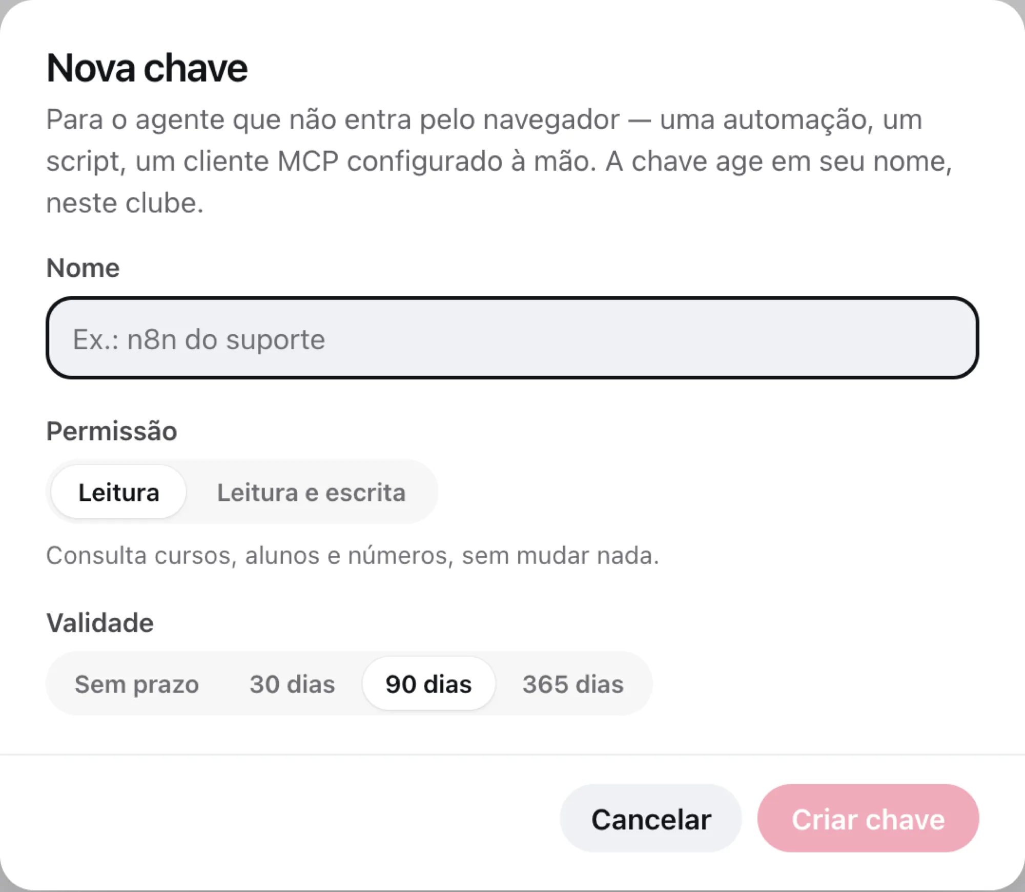 Diálogo Nova chave, com nome, permissão e validade