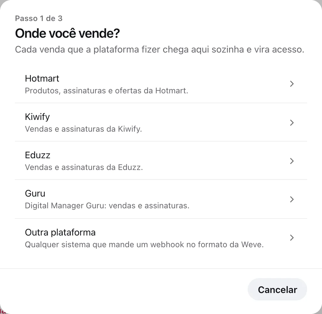 Lista de plataformas no passo 1 de 3: Hotmart, Kiwify, Eduzz, Guru e Outra plataforma