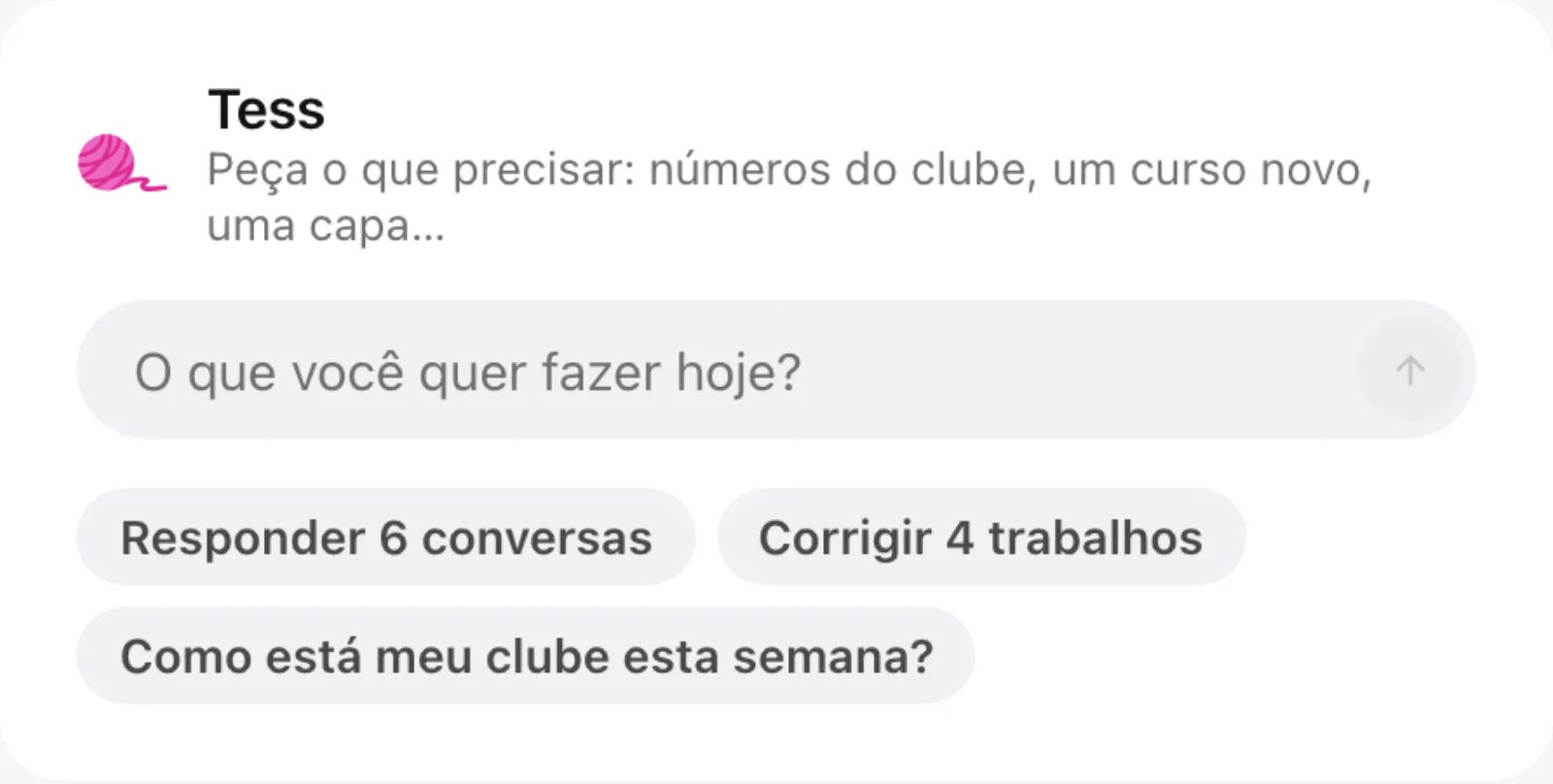 Bloco da Tess no Painel, com o campo O que você quer fazer hoje e as sugestões Responder 6 conversas, Corrigir 4 trabalhos e Como está meu clube esta semana