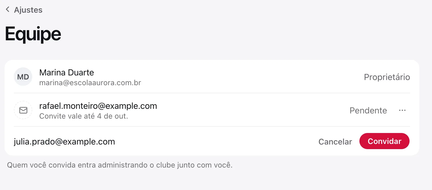 Tela Equipe com a proprietária, um convite pendente e o campo de e-mail aberto com o botão Convidar