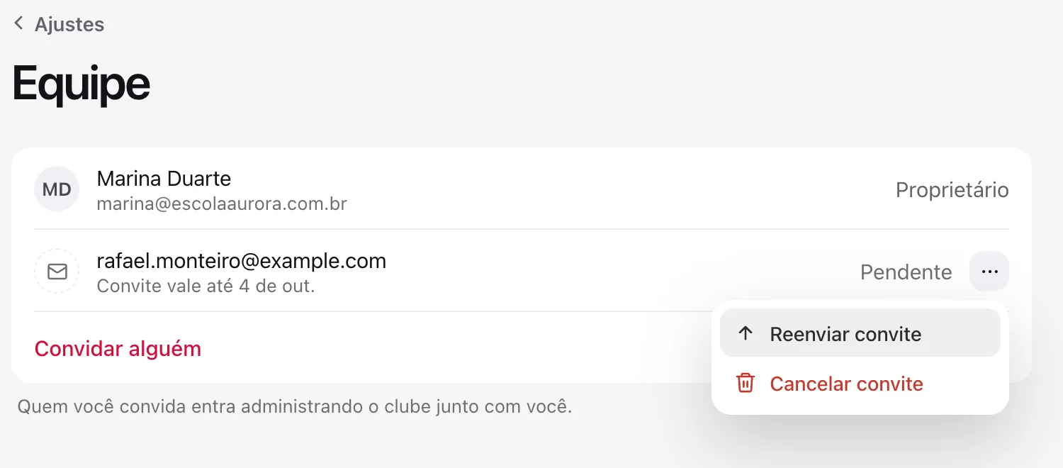Menu de um convite pendente com as opções Reenviar convite e Cancelar convite
