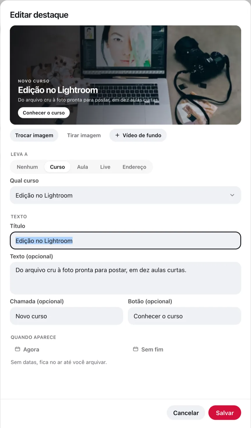 A folha do destaque, com a prévia, o destino, os textos e as datas