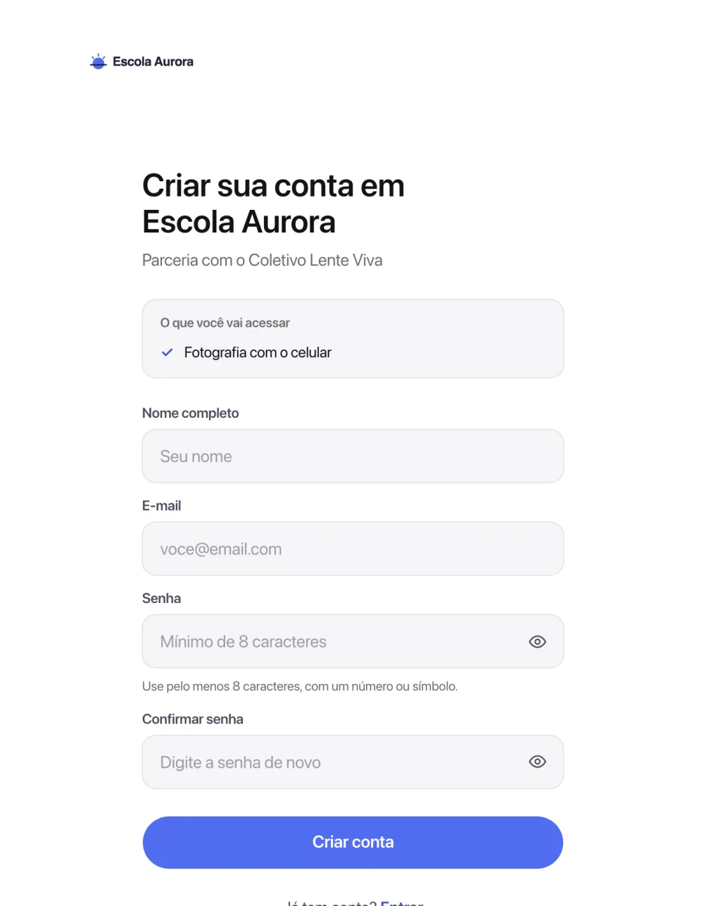 Página de cadastro do link na área do aluno, com a lista O que você vai acessar e os campos de nome, e-mail e senha