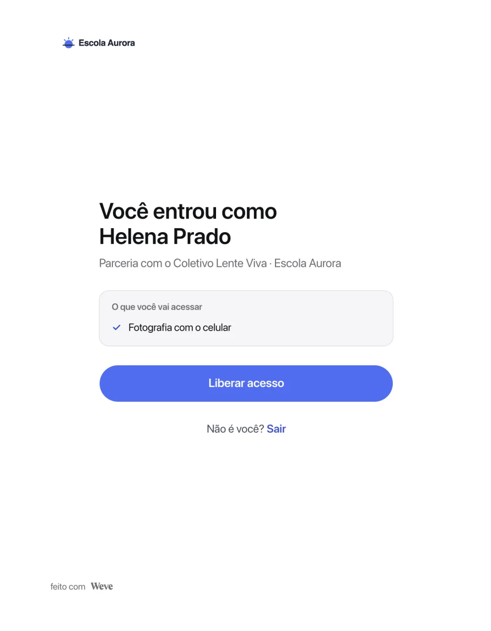 Página do link para uma aluna já logada, com o botão Liberar acesso