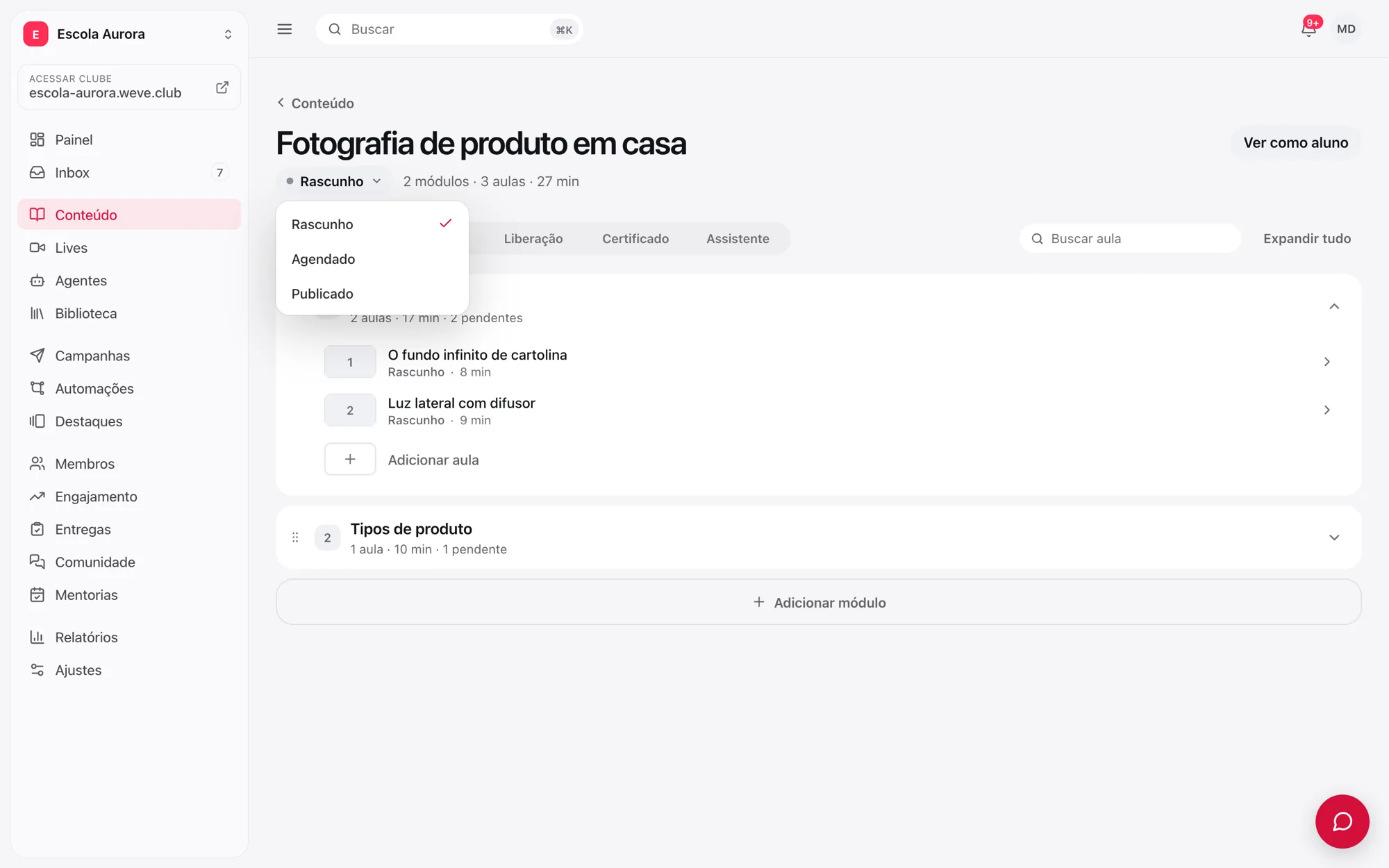 Página do curso com o menu de estado aberto: Rascunho, Agendado e Publicado