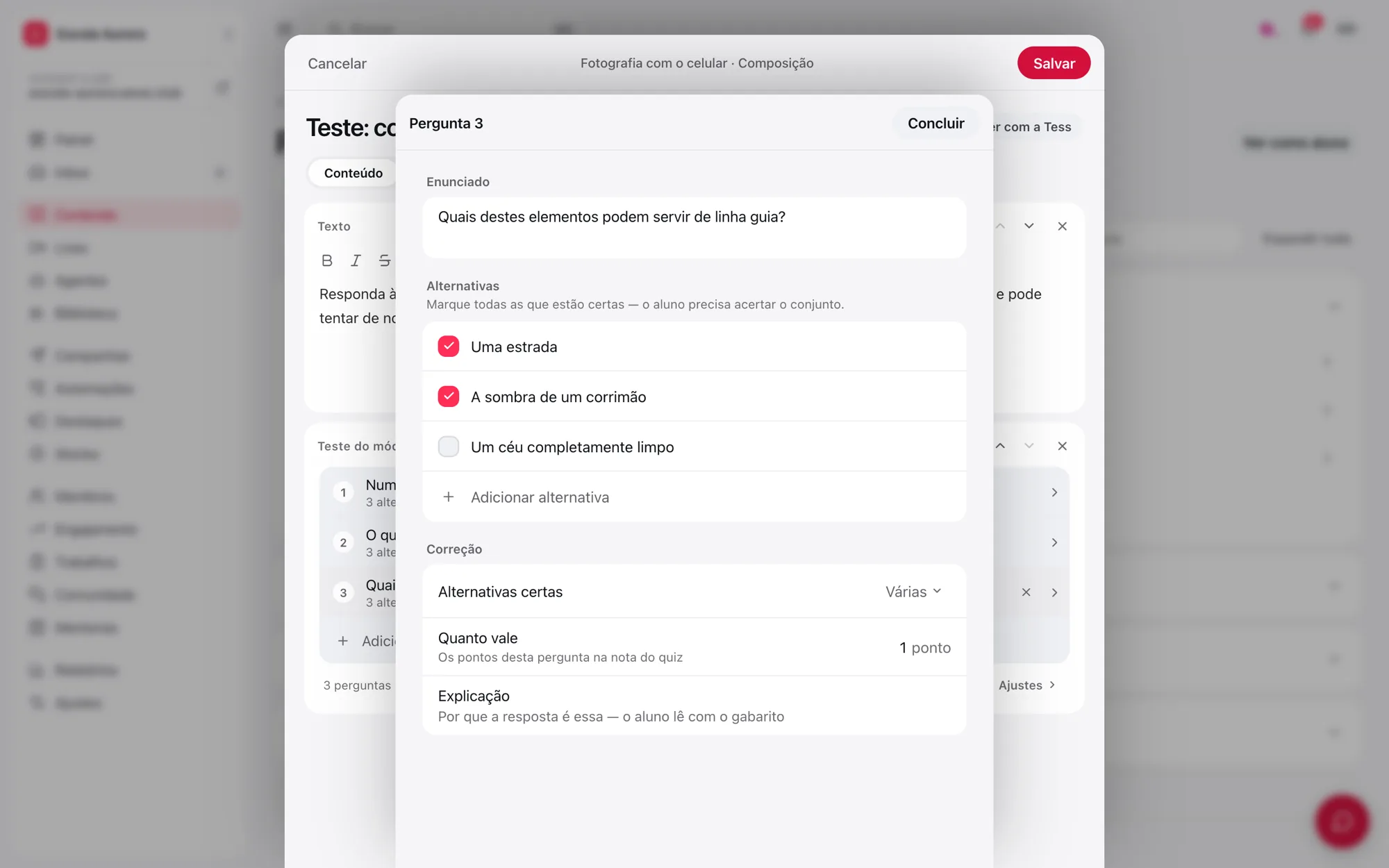 Painel Pergunta 3 com enunciado, três alternativas (duas marcadas como certas), Alternativas certas: Várias, Quanto vale: 1 ponto e Explicação