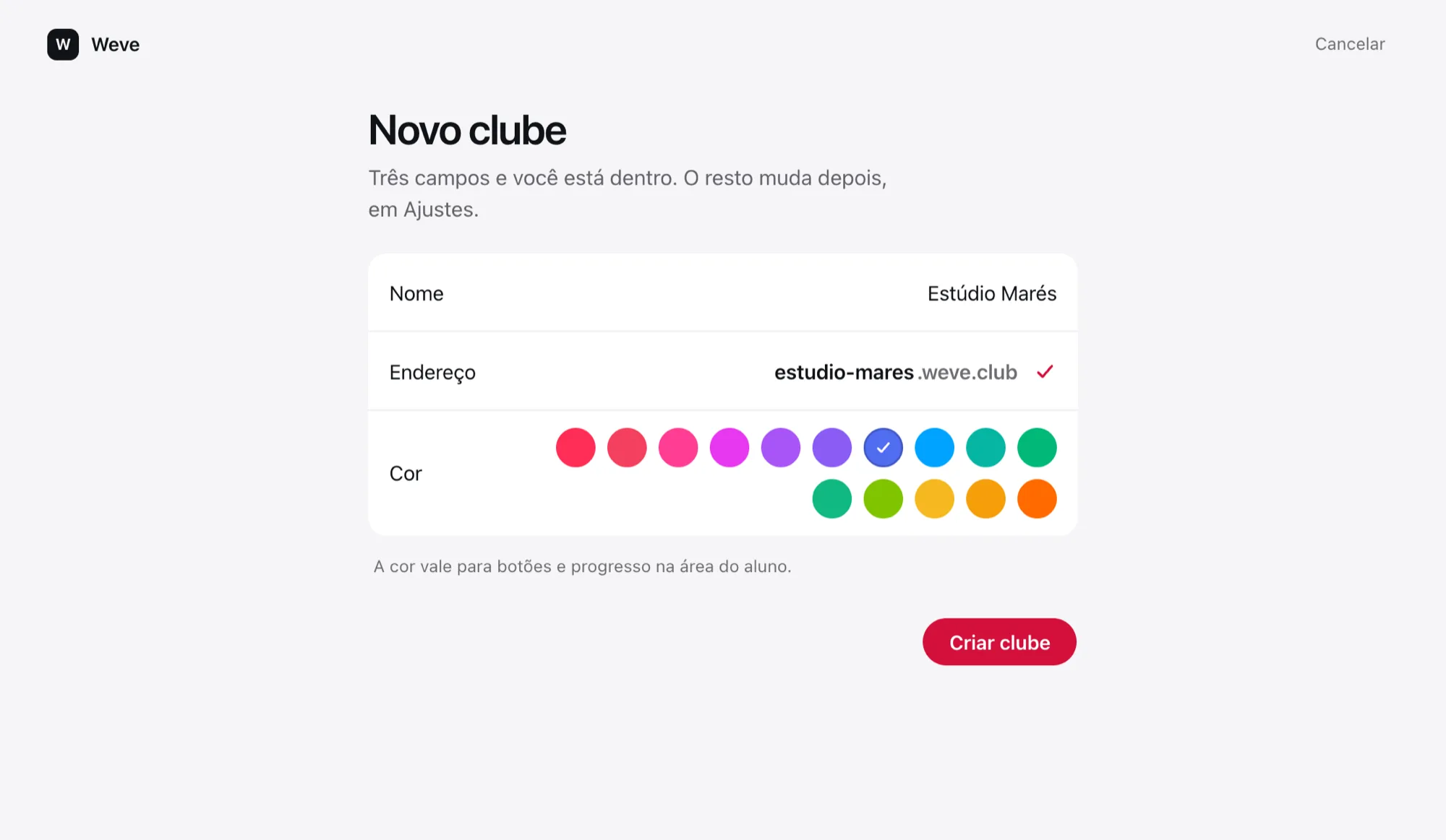 Tela Novo clube com o nome Estúdio Marés, o endereço estudio-mares.weve.club livre e a cor azul marcada