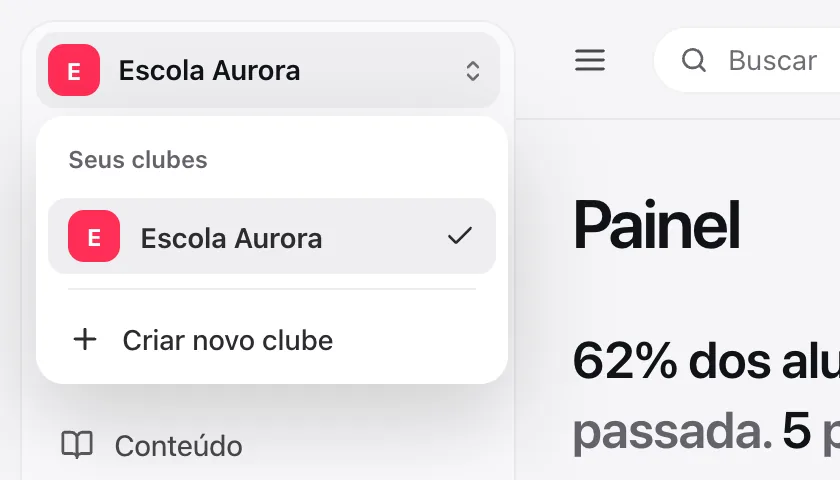 Menu aberto no nome do clube, com a lista Seus clubes e a opção Criar novo clube